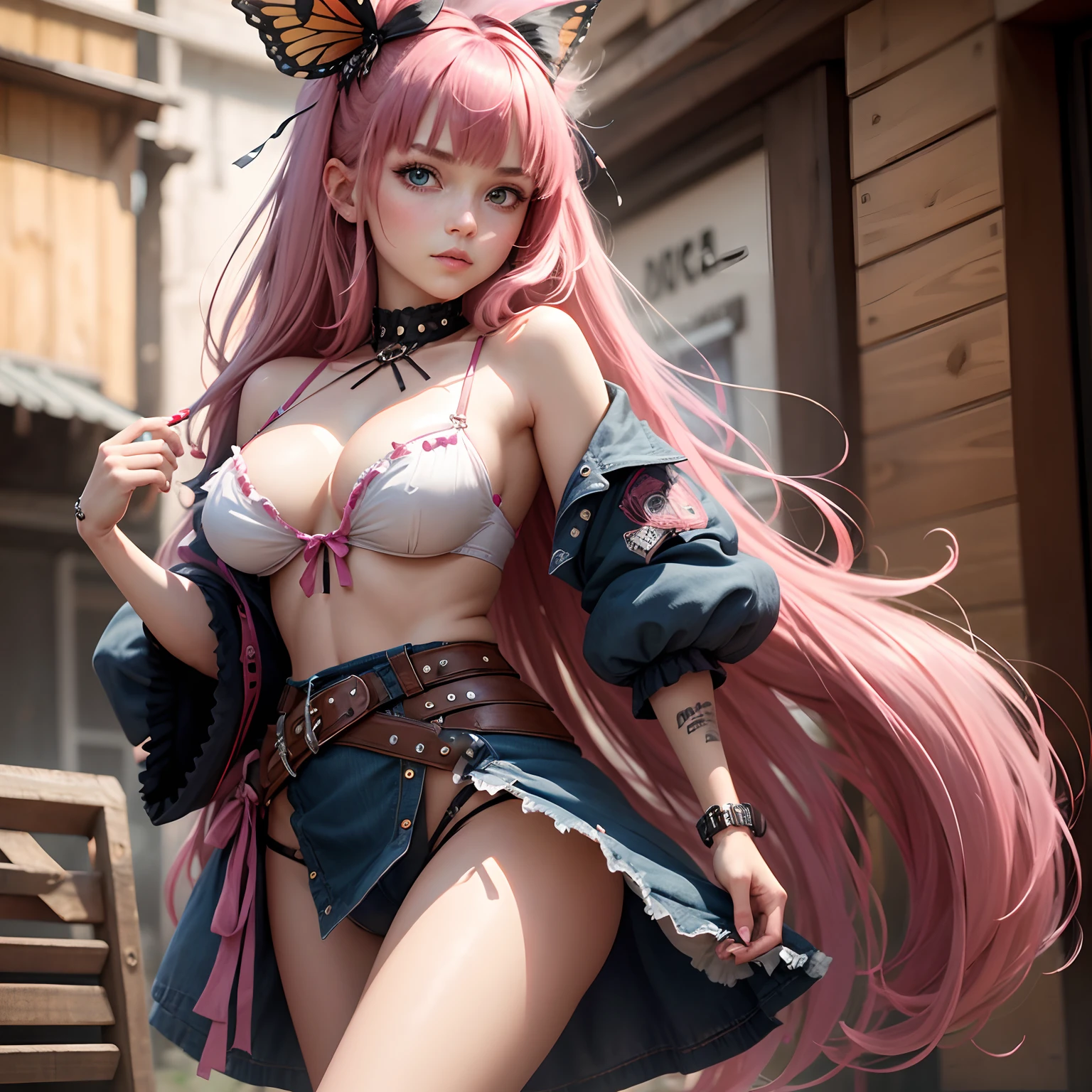 8k, masterpiece, best quality, realistic, higly detailed, cowboy shot, 1girl, solo, Nino, cute, cold-looking girl, waist-length straight hair, square bangs hanging over eyebrows, reddish-pink hair, twin butterfly-shaped ribbons on both sides of head, dark blue eyes, average height, well-endowed figure, large breasts, fashionable girl, various cute accessories, takes care of nails, Punk Singer