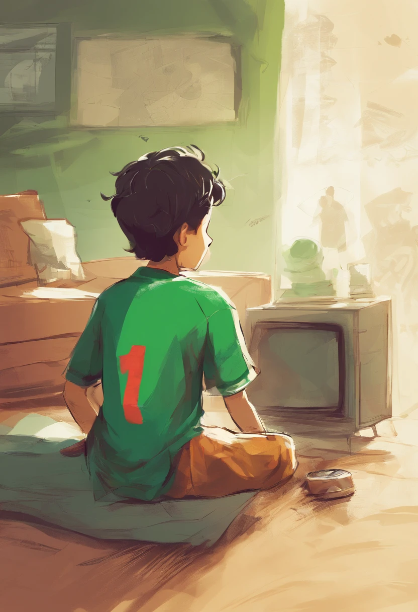 A  is watching a football match on TV. His t-shirt is green. The name Omar is written on the t-shirt and the number of the t-shirt is 2.