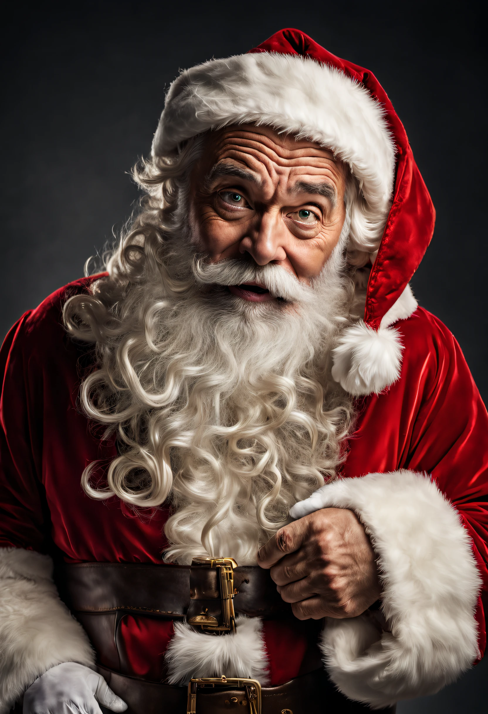 Hyper-detailed photograph of a captivating full-length portrait of Santa Claus, wise and experienced, rough expression telling stories of countless journeys (facing viewer: 1.2), (sharp focus, hyper-detailed, highly complex: 1.20), (natural lighting: 1.2), extremely high resolution details, photorealistic, image taken in a professional photo studio