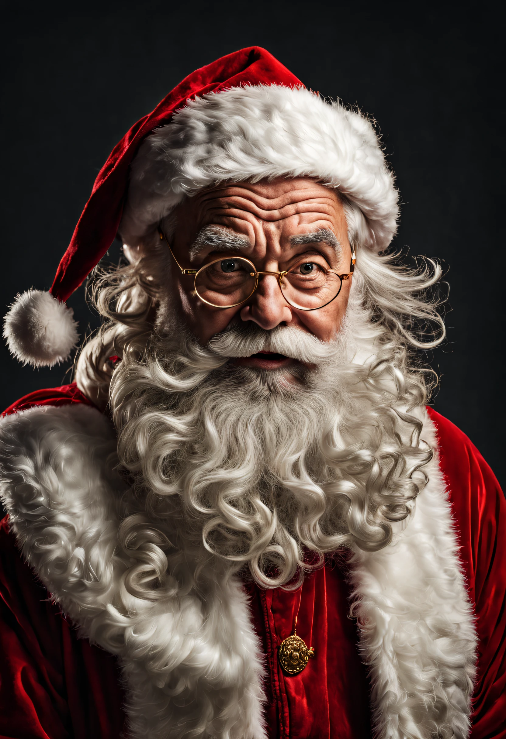 Hyper-detailed photograph of a captivating full-length portrait of Santa Claus, wise and experienced, rough expression telling stories of countless journeys (facing viewer: 1.2), (sharp focus, hyper-detailed, highly complex: 1.20), (natural lighting: 1.2), extremely high resolution details, photorealistic, image taken in a professional photo studio