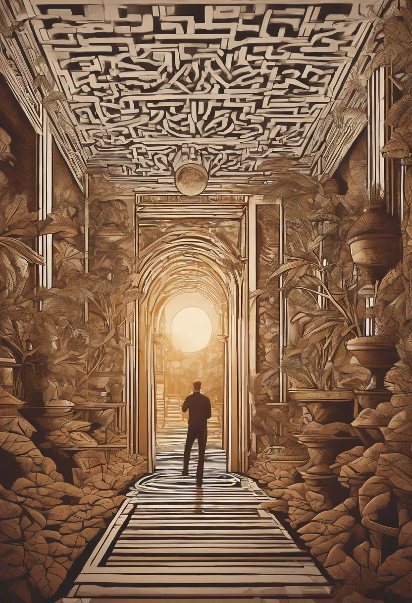 An illustration of a complex labyrinth with several branches, representing a divergent narrative. Inspired by MC Escher's art style, the maze features intricate lines and illusory perspectives. With a vibrant and contrasting color palette, the maze conveys the idea of different paths to explore. The facial expressions of the characters within the maze are one of surprise and curiosity. The lighting is bright and the atmosphere is one of discovery and challenge.--v 5 --stylize 1000