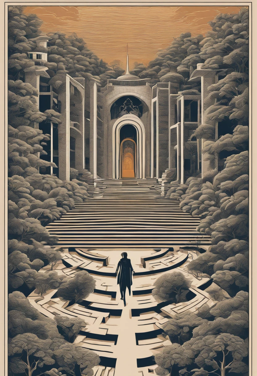 An illustration of a complex labyrinth with several branches, representing a divergent narrative. Inspired by MC Escher's art style, the maze features intricate lines and illusory perspectives. With a vibrant and contrasting color palette, the maze conveys the idea of different paths to explore. The facial expressions of the characters within the maze are one of surprise and curiosity. The lighting is bright and the atmosphere is one of discovery and challenge.--v 5 --stylize 1000