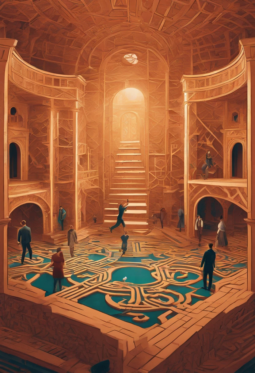 An illustration of a complex labyrinth with several branches, representing a divergent narrative. Inspired by MC Escher's art style, the maze features intricate lines and illusory perspectives. With a vibrant and contrasting color palette, the maze conveys the idea of different paths to explore. The facial expressions of the characters within the maze are one of surprise and curiosity. The lighting is bright and the atmosphere is one of discovery and challenge.--v 5 --stylize 1000