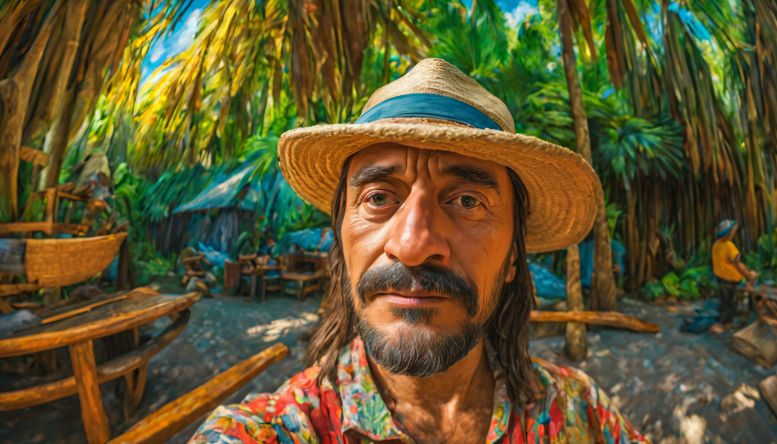 Selfie of the Impressionist painter Gauguin, Set in Tahiti, fisheye lens, 8K camera, wide view, (Best Quality), Complex and detailed 3D rendering, Cinematic light, films, photograph realistic