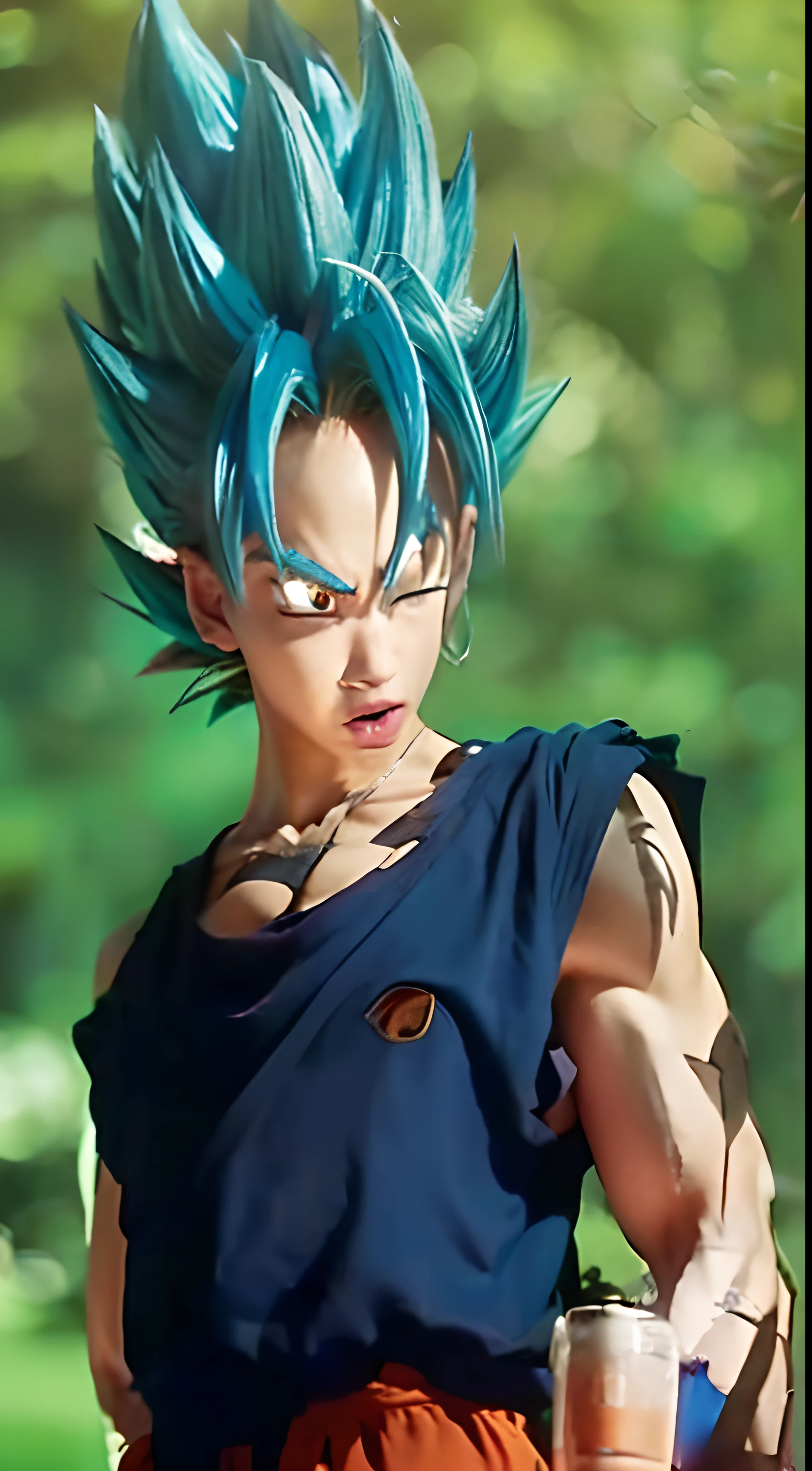 a cartoon of a young goku with blue hair and a blue shirt, super saiyan blue, dragon ball super, ultra instinct, broly, character dragonball, human goku, son goku, super saiyan goku, goku from dragon ball, super saiyan, super sayian goku, goku, portrait of goku, movie still of robot goku, going super saiyan