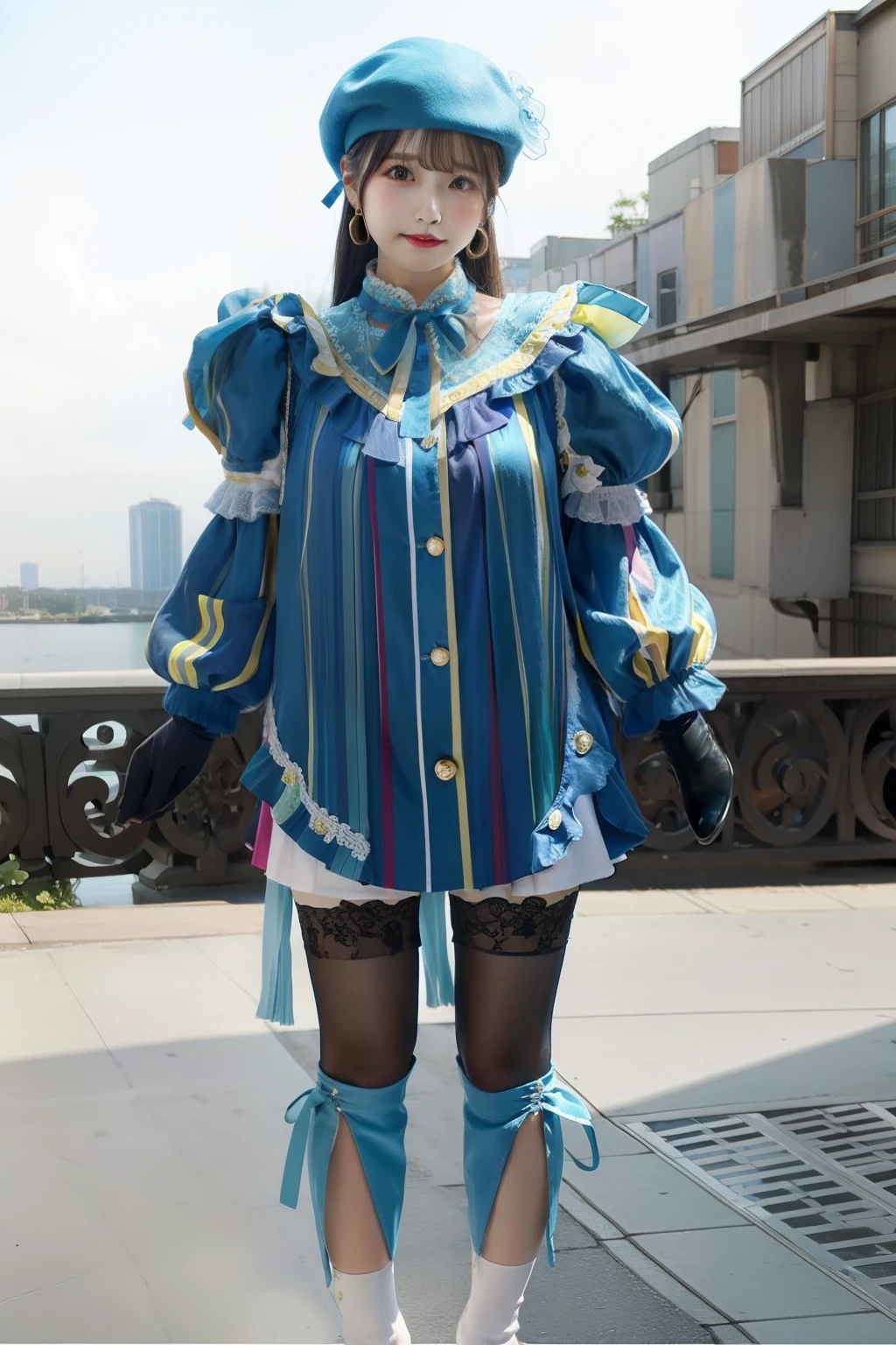 Colorful fashion idols、large full breasts、beautiful foot、Colorful hair、、Good Style、、Shiny Light Blue Mini Dress、beret