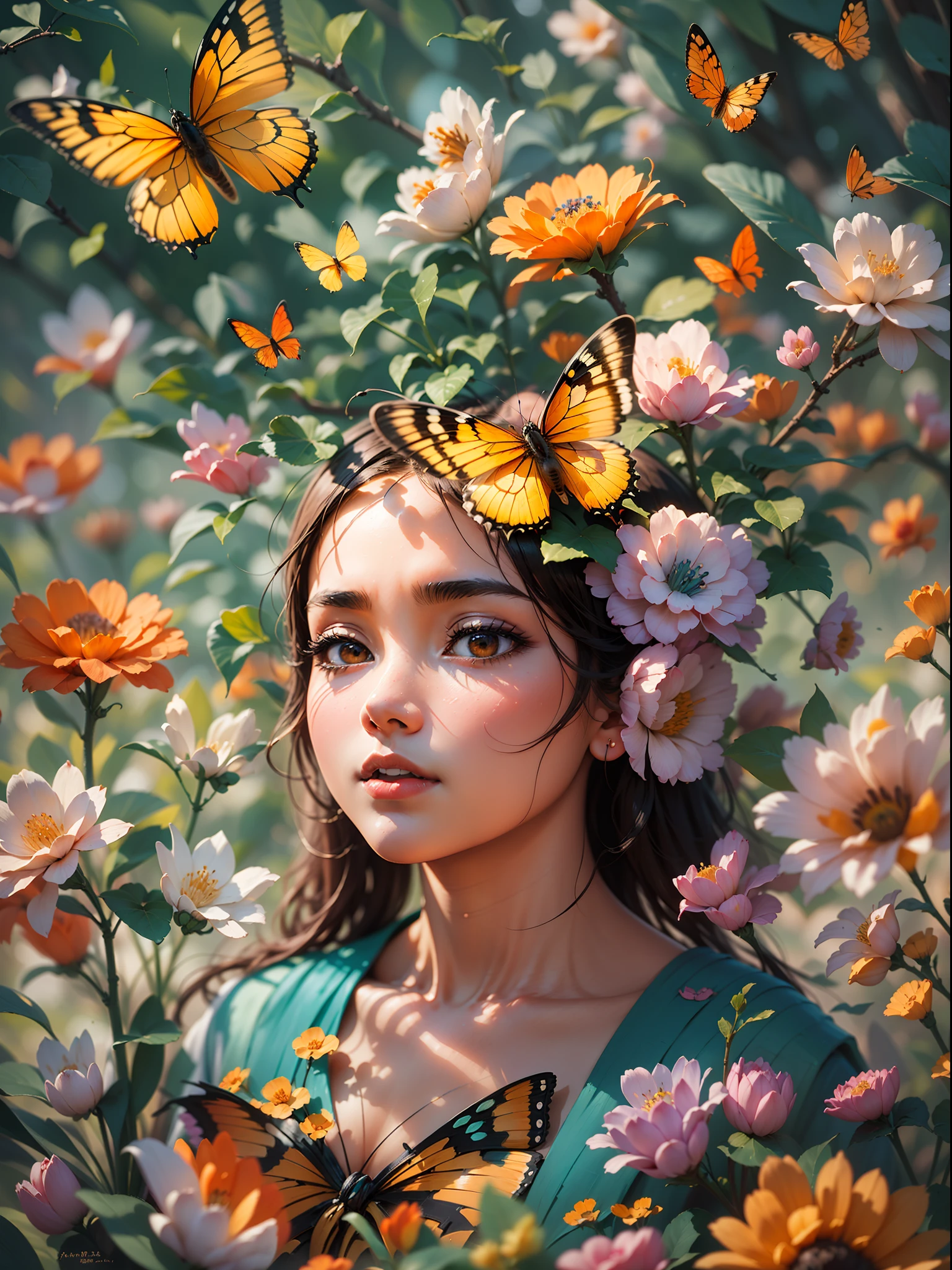 girl with a butterfly head, surrounded by a colorful garden, soft and soothing colors, vibrant flowers, butterflies flying around, gentle sunlight, dreamlike atmosphere, detailed and realistic features, smooth brushstrokes, oil painting medium, high-quality and high-resolution, magical and surreal style, captivating and imaginative scene, happy and peaceful mood, intricate patterns on the butterfly wings, delicate petals and leaves, harmonious composition, ethereal and enchanting ambiance, the girl's serene expression, capturing the viewer's attention, a masterpiece that evokes emotions and sparks creativity. (best quality, 4k, highres, masterpiece:1.2), ultra-detailed, realistic:1.37, oil painting, vibrant colors, soft lighting, enchanting garden, magical butterfly