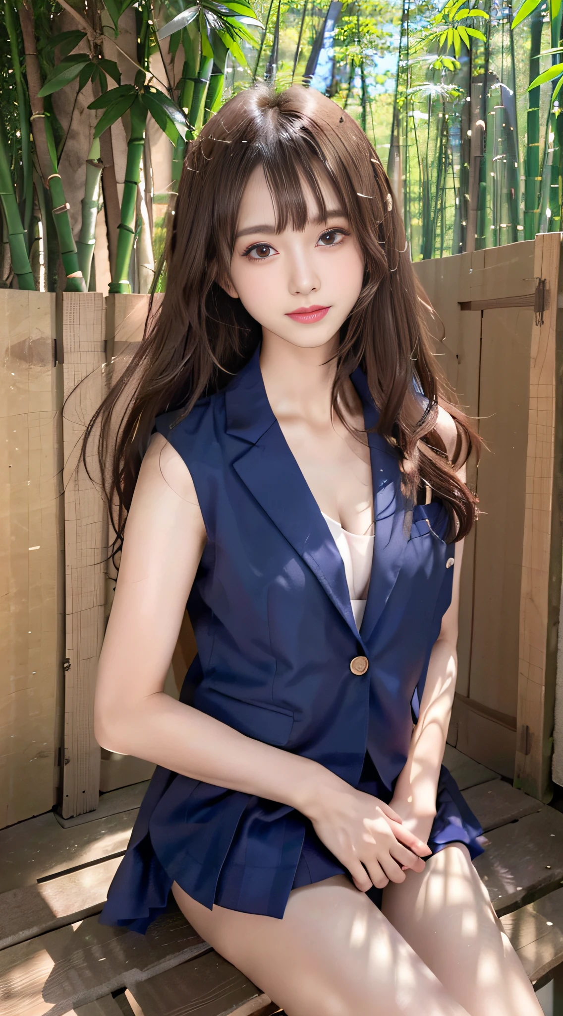 A scene of a woman wearing a low-cut suit sitting on a bench on a sunny day with a great smile