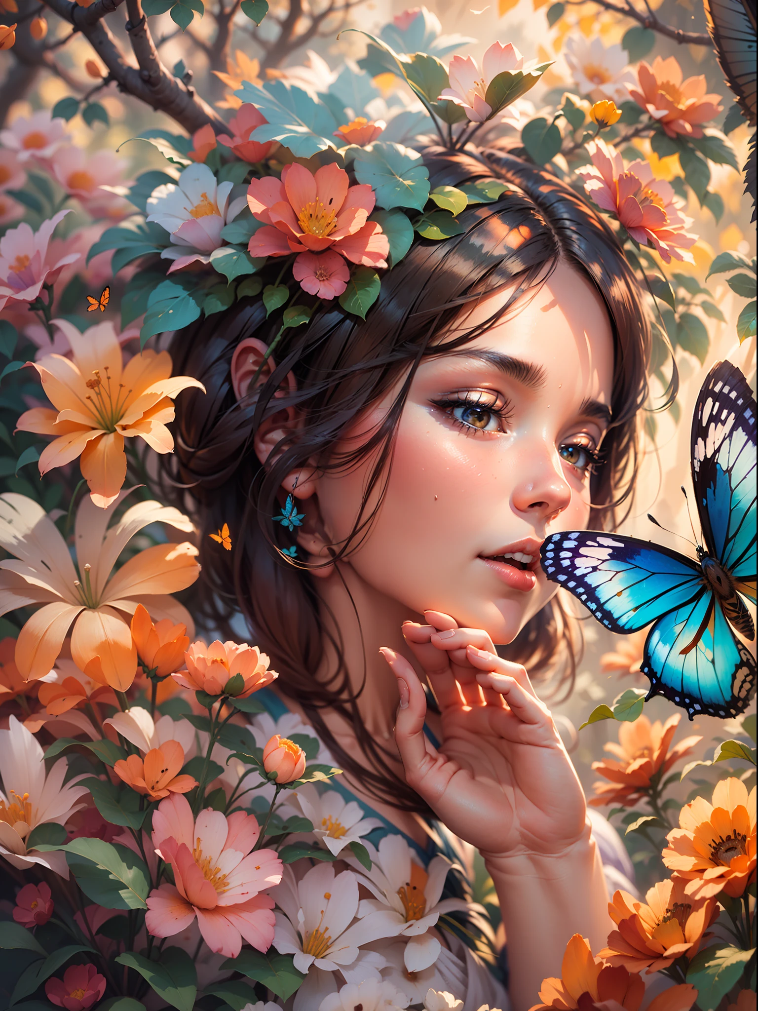 girl with a butterfly head, surrounded by a colorful garden, soft and soothing colors, vibrant flowers, butterflies flying around, gentle sunlight, dreamlike atmosphere, detailed and realistic features, smooth brushstrokes, oil painting medium, high-quality and high-resolution, magical and surreal style, captivating and imaginative scene, happy and peaceful mood, intricate patterns on the butterfly wings, delicate petals and leaves, harmonious composition, ethereal and enchanting ambiance, the girl's serene expression, capturing the viewer's attention, a masterpiece that evokes emotions and sparks creativity. (best quality, 4k, highres, masterpiece:1.2), ultra-detailed, realistic:1.37, oil painting, vibrant colors, soft lighting, enchanting garden, magical butterfly