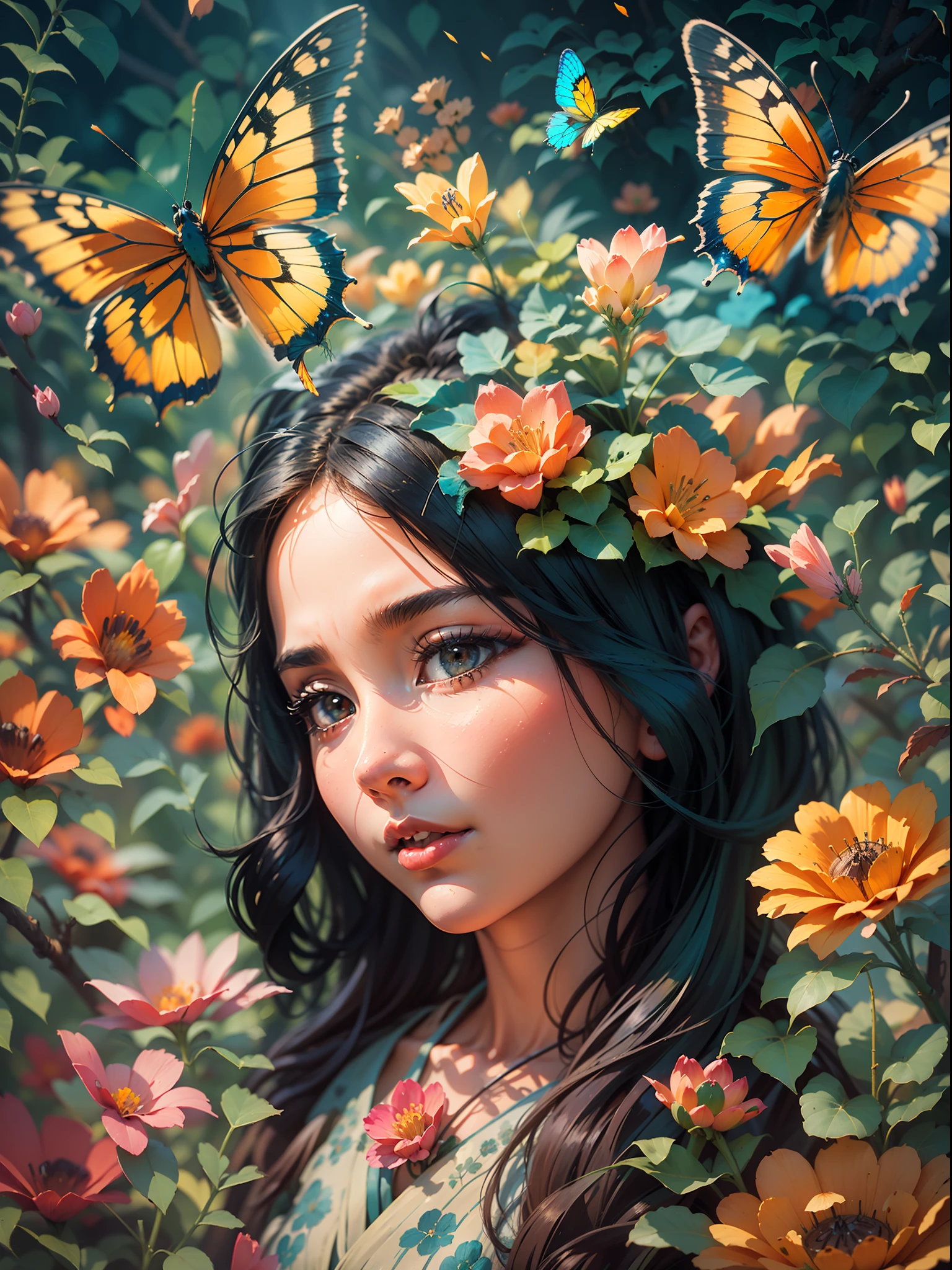 girl with a butterfly head, surrounded by a colorful garden, soft and soothing colors, vibrant flowers, butterflies flying around, gentle sunlight, dreamlike atmosphere, detailed and realistic features, smooth brushstrokes, oil painting medium, high-quality and high-resolution, magical and surreal style, captivating and imaginative scene, happy and peaceful mood, intricate patterns on the butterfly wings, delicate petals and leaves, harmonious composition, ethereal and enchanting ambiance, the girl's serene expression, capturing the viewer's attention, a masterpiece that evokes emotions and sparks creativity. (best quality, 4k, highres, masterpiece:1.2), ultra-detailed, realistic:1.37, oil painting, vibrant colors, soft lighting, enchanting garden, magical butterfly