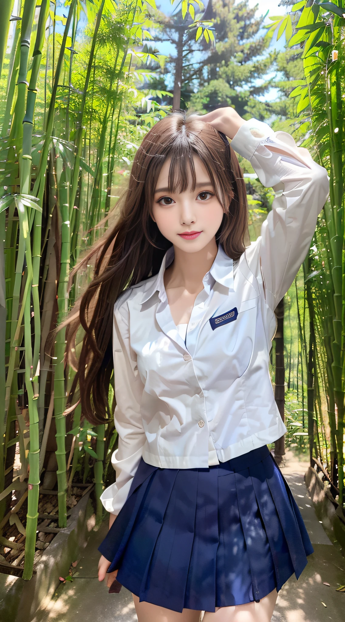 1womanl, (middlebreasts), light brown hair, Blunt bangs, hair behind ear, hair over shoulder, (Long hair),wetting hair,( slender body shape), (Ultra Fine Face), Delicate lips,(beautidful eyes), thin blush, Brown eyes, (shinny skin, flawless skin :1.3),鎖骨, hide one's hands,( a choker,Dark blue blazer,white shirt, Dark blue flared skirt),(a japanese girl),(Posture with armpits wide open:1.3),Smile,,bustshot,(bamboo forrest:1.5)