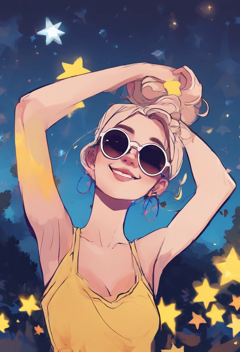 1girl, woman, petite, pale skin, detailed face, bob cut hair, blue eyes, wearing yellow tank top, happy, laugh, statement sunglasses in a park, sky, trees, moonlight, stars, vivid colors, bokeh background, dramatic color, cartoon, from below, cinematic, whimsical