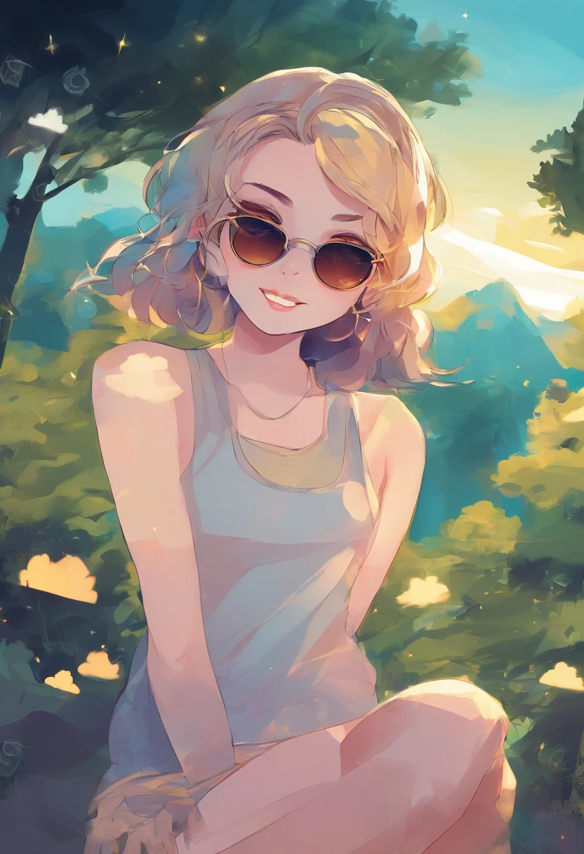 1girl, woman, petite, pale skin, detailed face, bob cut hair, blue eyes, wearing yellow tank top, happy, laugh, statement sunglasses in a park, sky, trees, moonlight, stars, vivid colors, bokeh background, dramatic color, cartoon, from below, cinematic, whimsical