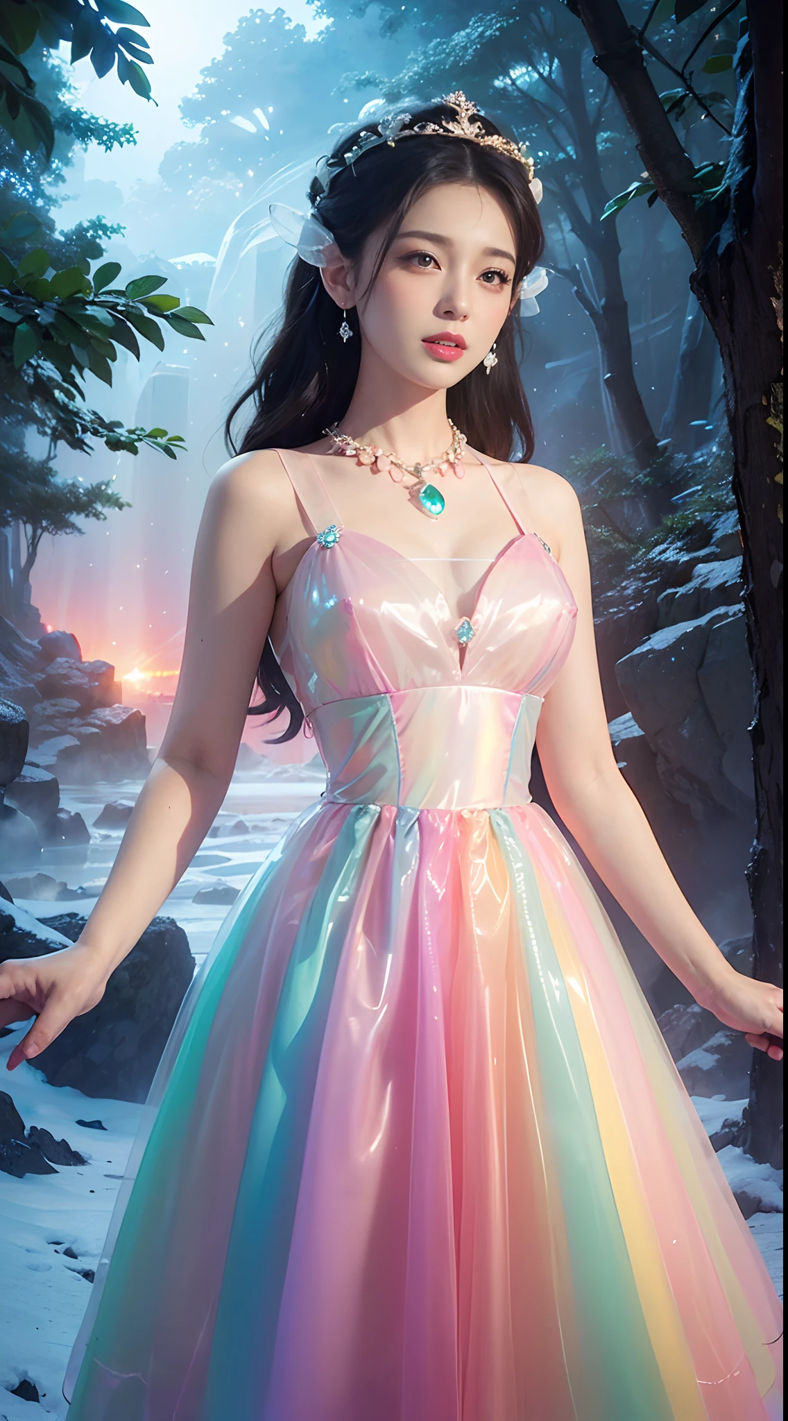 (fluorescent colors:1.4),(translucent:1.4),(retro filters:1.4), (fantasy:1.4), candy world Disney land ethereal soft fluffy soft landscape forest snowavatar Pastel pink sky green blue sparkle ethereal light pastel whimsical light rainbow stars diamonds sparkle gemstone background hyper realistic Ultra quality cinematic lighting immense detail Full hd painting Well lit,