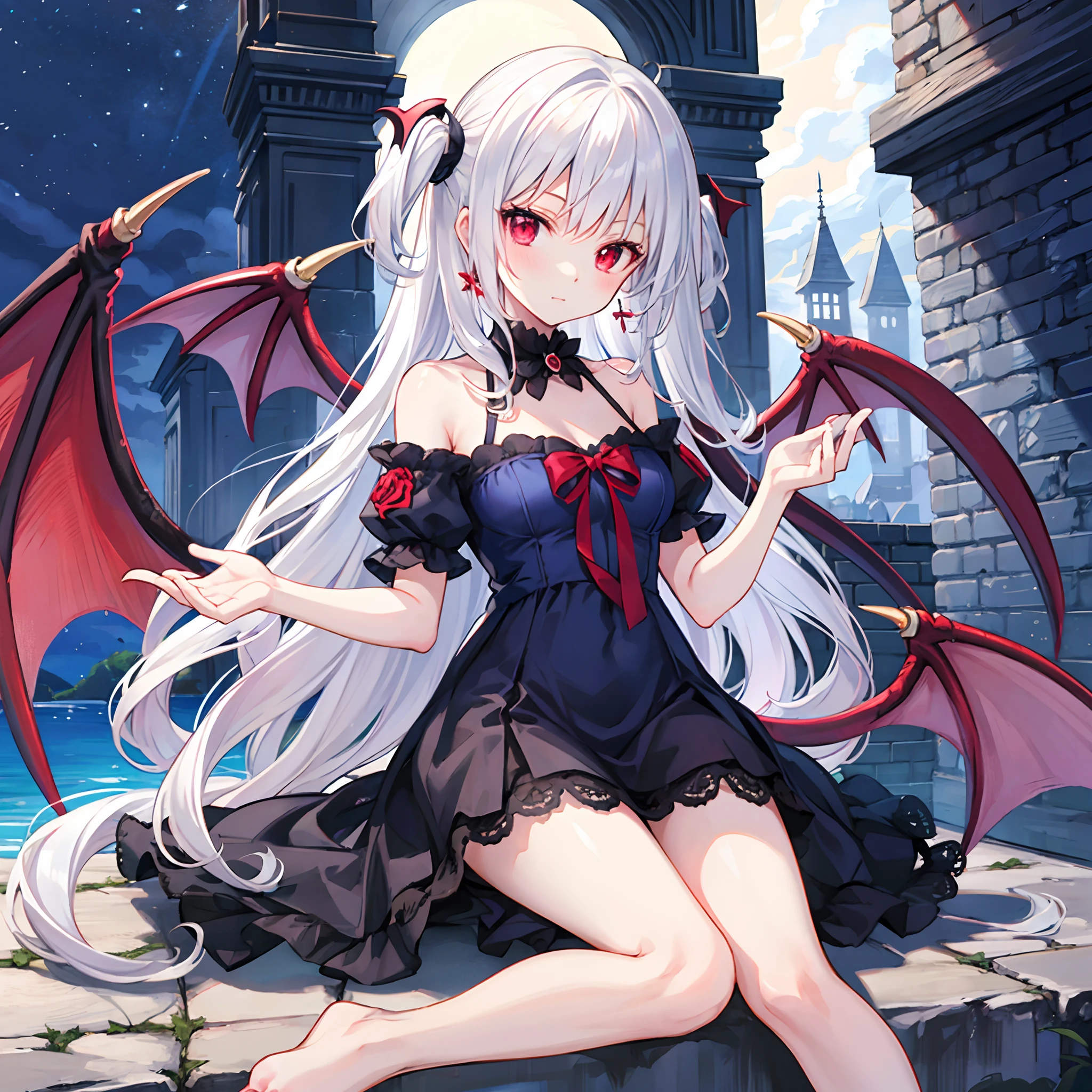 white hair、red eyes、One beautiful vampire girl、Blue dress、Raw feet、Midnight、Western castles