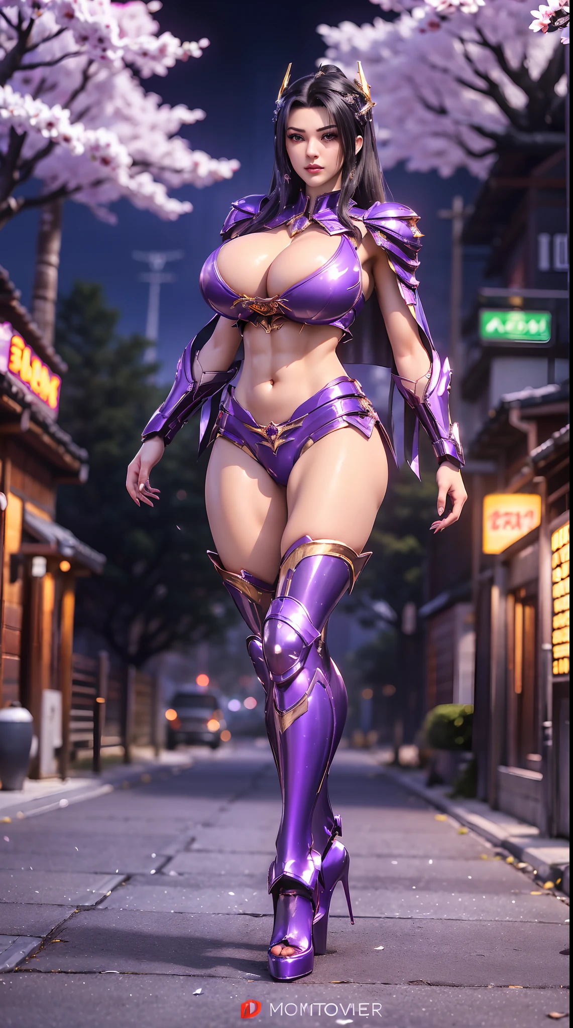 1GIRL, SOLO, (ssmile, makeup, beautifull eyes, red libs, shiny black hair, gold dragon helm), (HUGE BOOBS:1.5), (MECHA GUARD ARM, GLOVES), (black, purple, GIRL IN MECHA CYBER ARMOR CROP TOP, ROYAL FEATHERS CAPE, CLEAVAGE, BLACK SKINTIGHT HOTPANTS, HIGH HEELS:1.4), (MUSCULAR BODY, SEXY LONG LEGS, FULL BODY:1.5), (MUSCLE ABS:1.2), (LOOKING AT VIEWER:1), (WALKING DOWN ON STREET NIGHT CHERRY TREES:1.3), PHYSICALLY-BASED RENDERING, ULTRA HIGHT DEFINITION, 8K, 1080P.