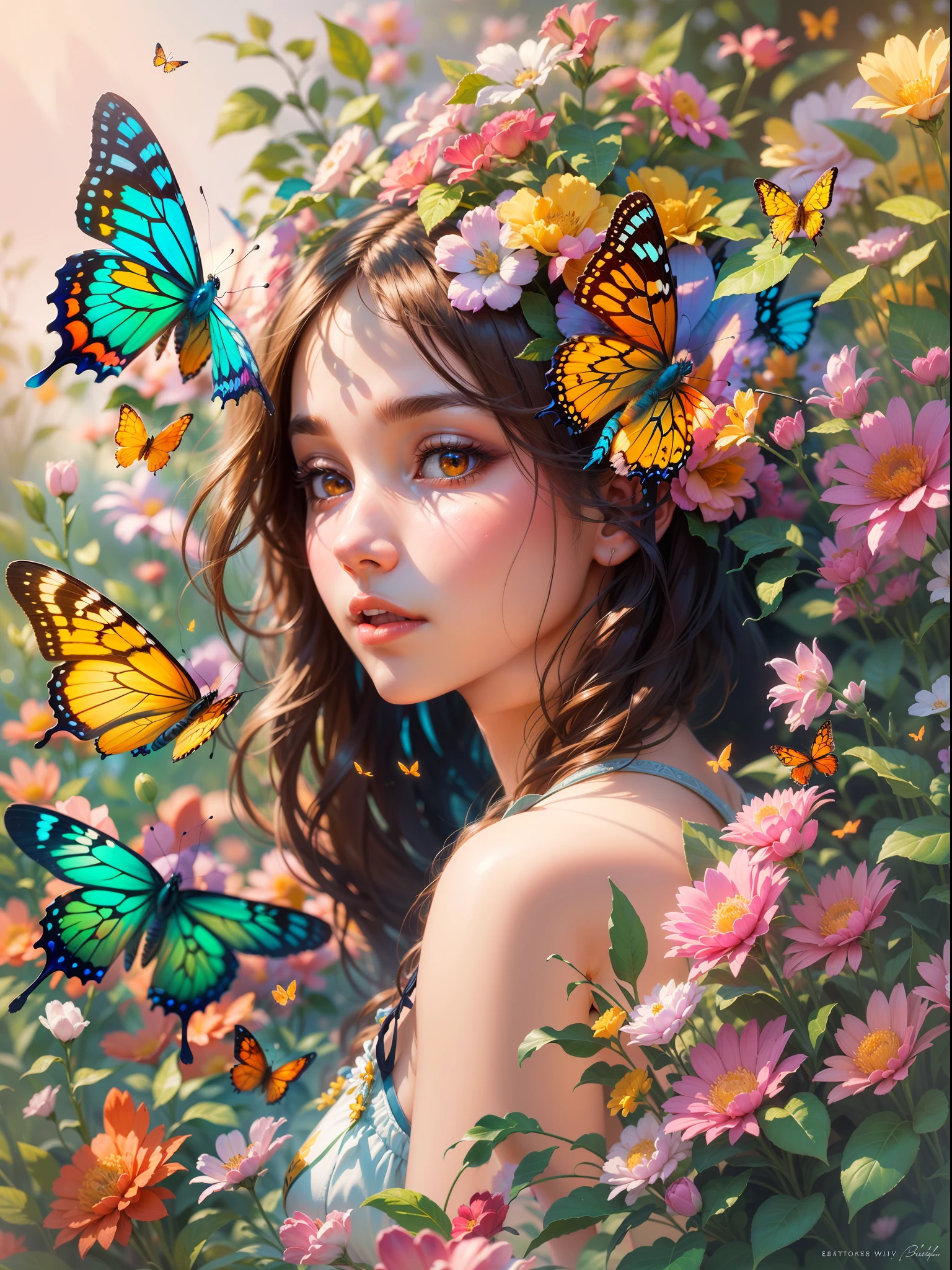 girl with a butterfly head, surrounded by a colorful garden, soft and soothing colors, vibrant flowers, butterflies flying around, gentle sunlight, dreamlike atmosphere, detailed and realistic features, smooth brushstrokes, oil painting medium, high-quality and high-resolution, magical and surreal style, captivating and imaginative scene, happy and peaceful mood, intricate patterns on the butterfly wings, delicate petals and leaves, harmonious composition, ethereal and enchanting ambiance, the girl's serene expression, capturing the viewer's attention, a masterpiece that evokes emotions and sparks creativity. (best quality, 4k, highres, masterpiece:1.2), ultra-detailed, realistic:1.37, oil painting, vibrant colors, soft lighting, enchanting garden, magical butterfly