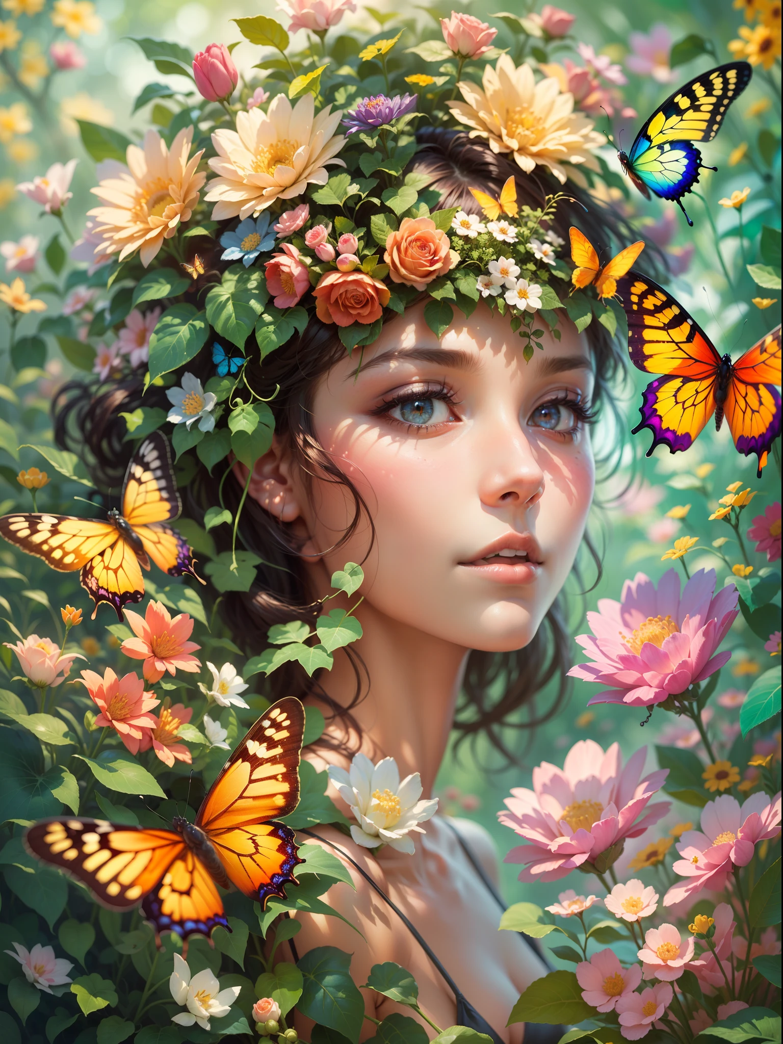 girl with a butterfly head, surrounded by a colorful garden, soft and soothing colors, vibrant flowers, butterflies flying around, gentle sunlight, dreamlike atmosphere, detailed and realistic features, smooth brushstrokes, oil painting medium, high-quality and high-resolution, magical and surreal style, captivating and imaginative scene, happy and peaceful mood, intricate patterns on the butterfly wings, delicate petals and leaves, harmonious composition, ethereal and enchanting ambiance, the girl's serene expression, capturing the viewer's attention, a masterpiece that evokes emotions and sparks creativity. (best quality, 4k, highres, masterpiece:1.2), ultra-detailed, realistic:1.37, oil painting, vibrant colors, soft lighting, enchanting garden, magical butterfly