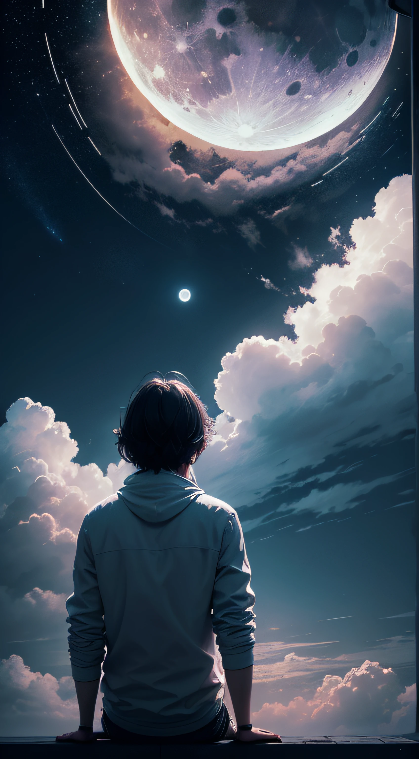 ((Moon on the horizon))tmasterpiece, best qualityer, absurderes, aurora, buliding, ​​clouds, the sky with clouds, constellation, Wax the moon, milky ways, sky gradient, mont, horizon, Casa, Light particles, milky ways, natta, nigh sky, side-by-side, From behind, Long shot,