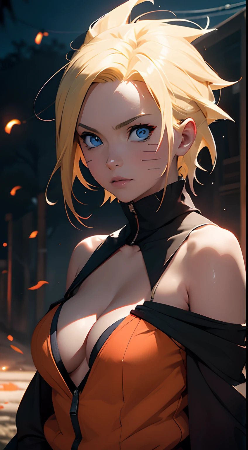 Naruto Uchiha Vortex is super realistic，detail-rich，Super short blonde hair，（Off-the-shoulder attire：1.3），Orange clothes，Forehead，one-girl，Large breasts，cleavage，Be red in the face，best qualityer，tmasterpiece, Johnny Depp walks across the beach at night among fireflies，sharp fokus, contrasty lighting, Delicate skin, High resolution 8K, insanely details, realisticlying, professional photoshooting, 8K  UHD, SLR camera, softlighting, high high quality, filmgrain, Fujifilm XT3，Keep one's mouth shut，particle fx, nsfw