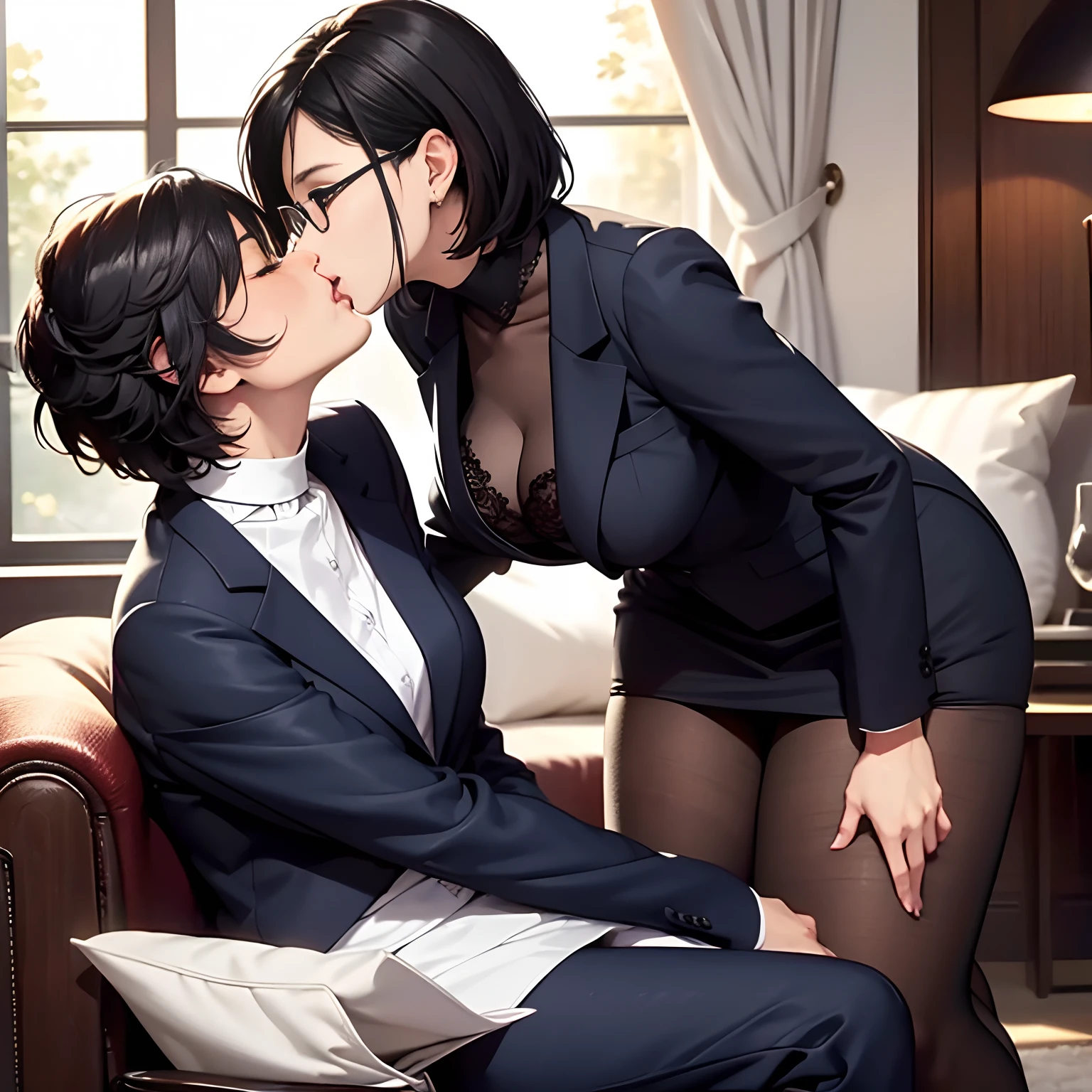 Kiss,lesbian kiss,mature woman,ceo and secretary,CEO is sitting, dominant secretary,too many women, everyone kissing, sexy outfit