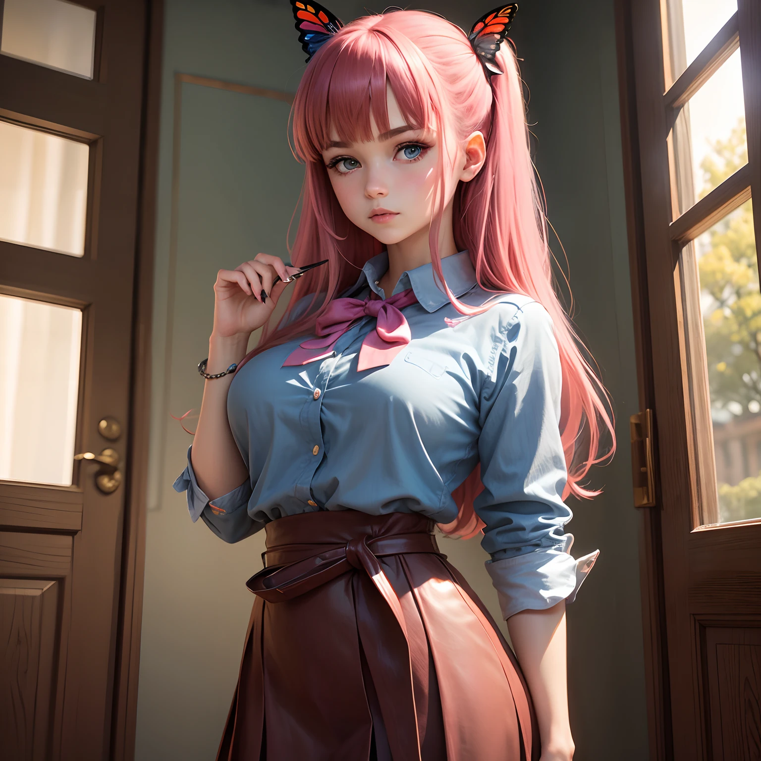 8k, masterpiece, best quality, realistic, higly detailed, cowboy shot, 1girl, solo, Nino, cute, cold-looking girl, waist-length straight hair, square bangs hanging over eyebrows, reddish-pink hair, twin butterfly-shaped ribbons on both sides of head, dark blue eyes, average height, well-endowed figure, large breasts, fashionable girl, various cute accessories, takes care of nails, Teacher