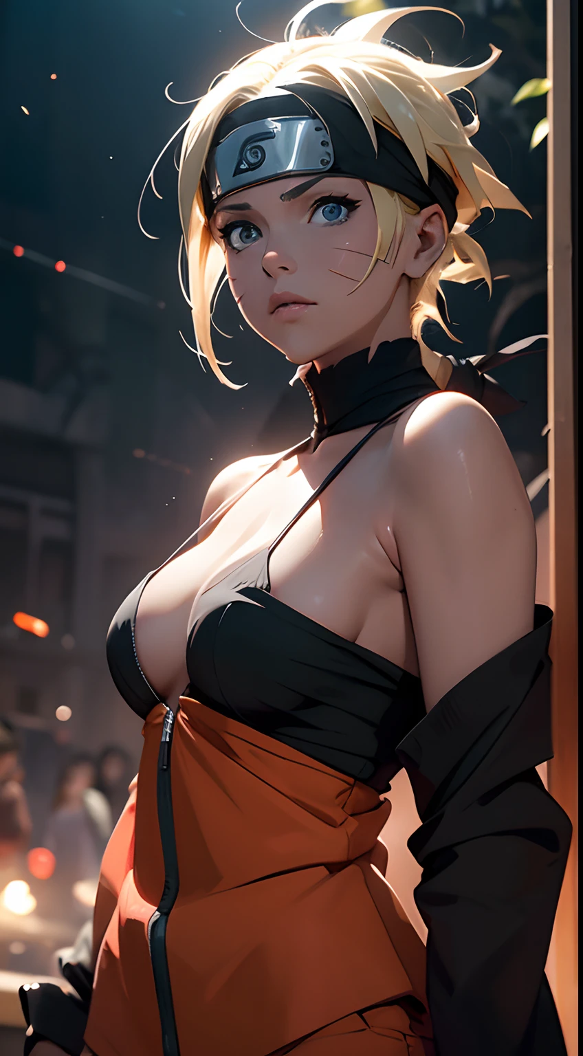 Naruto Uchiha Vortex is super realistic,detail-rich,Super short blonde hair,(Off-the-shoulder attire:1.3),Orange clothes,Forehead,one-girl,Large breasts,cleavage,Be red in the face,best qualityer,tmasterpiece, Johnny Depp walks across the beach at night among fireflies,sharp fokus, contrasty lighting, Delicate skin, High resolution 8K, insanely details, realisticlying, professional photoshooting, 8K UHD, SLR camera, softlighting, high high quality, filmgrain, Fujifilm XT3,Keep one's mouth shut,particle fx, nsfw