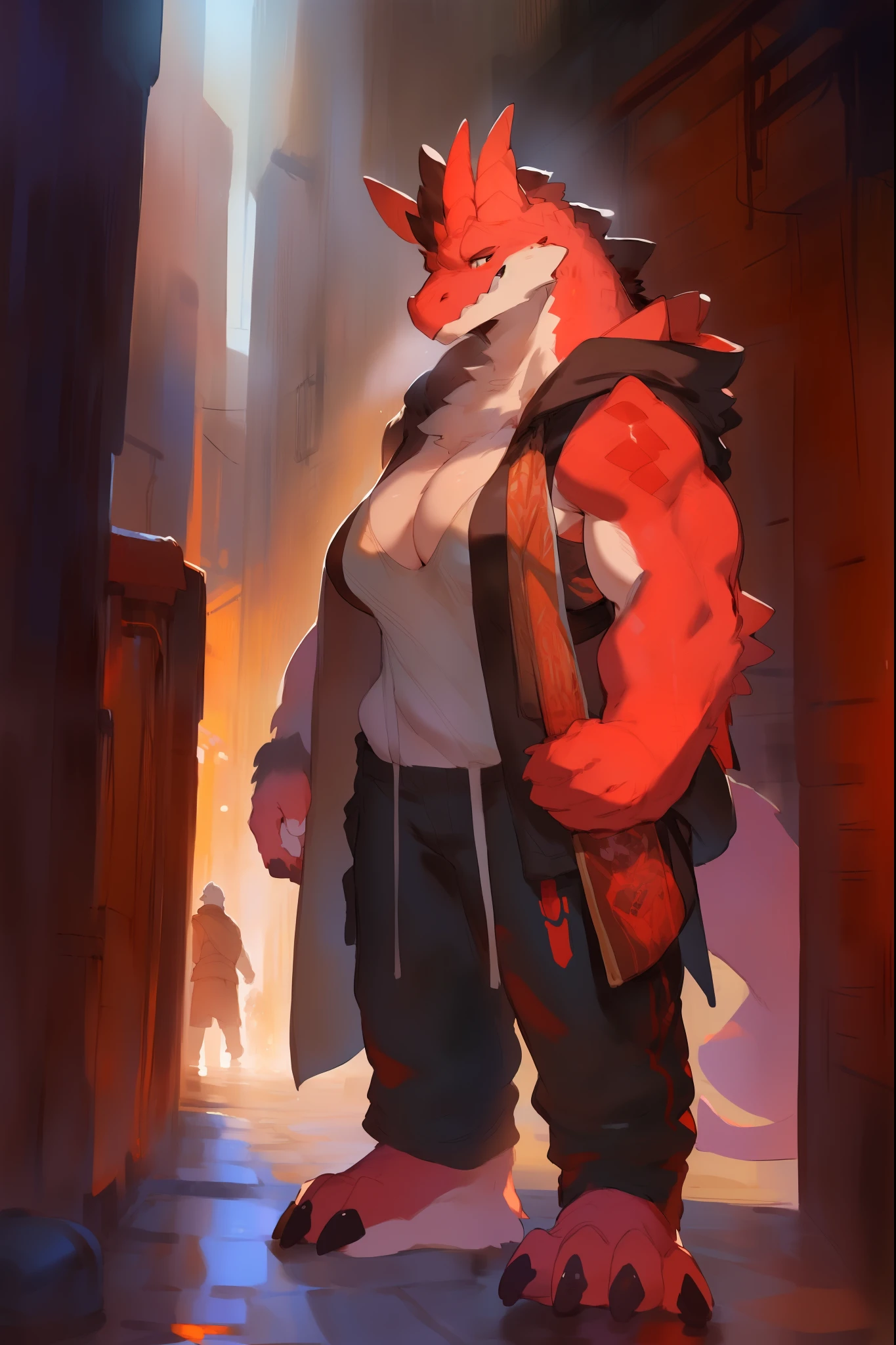 Solo, female, standing, ((muscular, giant, tall, massive, enormous, gigantic, huge, buff, muscular, biceps)), big breasts, red alligator, large head, big jaws, By bebebebebe, by buta99, by chunie, by sonsasu, by danza, alleyway, red skin, baggy cargo pants, loose tank top, cleavage, sideboob, cloak, pullove, coat,