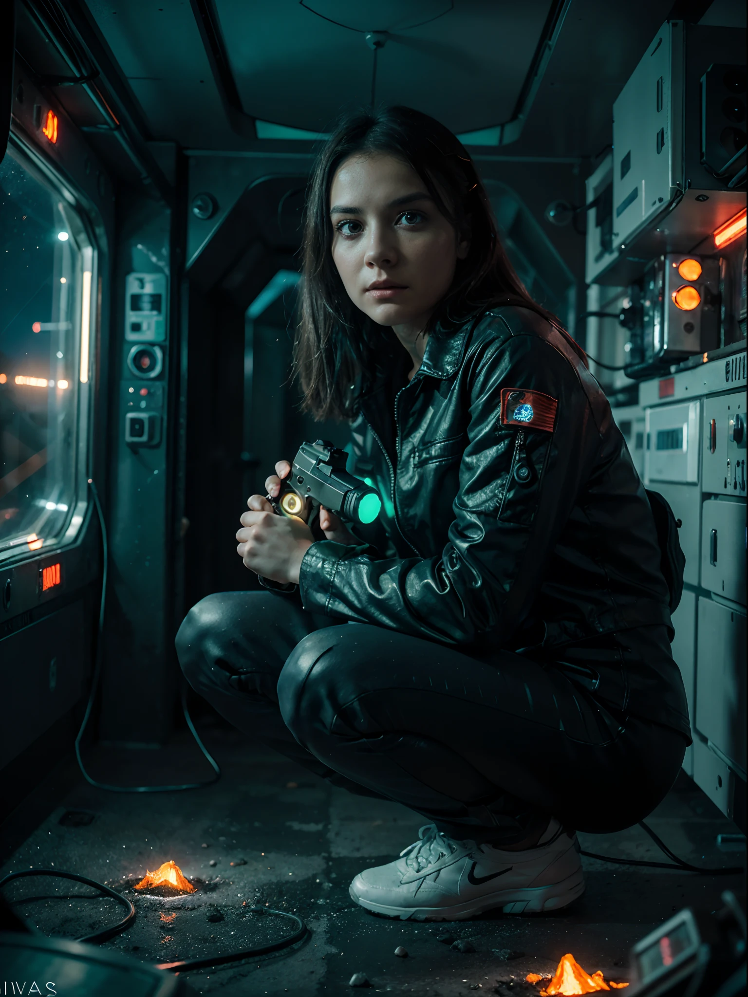 Cinematic girl looking at volcano, volcano in space, serious, detailed eyes, detailed face, detailed futuristic clothes, lights in clothes, (aiming gun:1.1), (hiding:1.1), (squatting, looking to side:1.1), volumetric lighting, isolation, horror, dark lighting, red bioluminescent details, green bioluminescent details, blue bioluminescent details