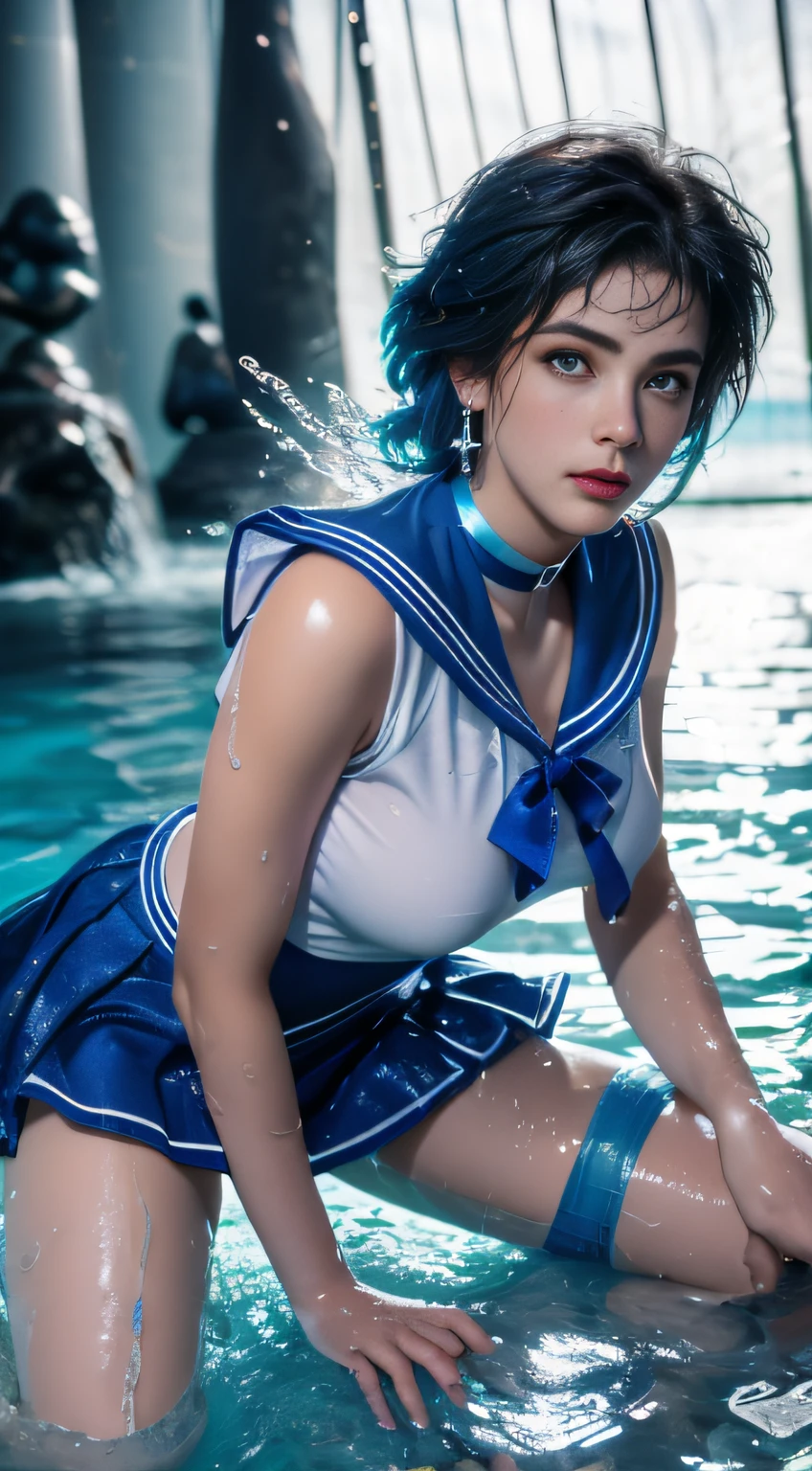 Unreal Engine, nffsw, best qualtiy, Photorealista, Skin Texture, masterpiece, (Sailor Mercury), blue eyes, Mer1, tiarra, Sailor Senshi Uniform, (Photo RAW, best qualtiy), masterpiece, comical, Sexy, Floating short black hair, Blue sailor color, the bow, (Boots above the knee), gargantilha, white glove, Blue choker, elbow groves, jewely, earrings, blueskirt, only one, full body Esbian, blue hairs, (Perfect hand drawing), octan render, Water god, (water dripping), Wet clothes, (beautiful detailed water), (floating), Dynamic Angle, best qualtiy,masterpiece, 超A high resolution, (cowboy shot), (Photorealista), Photo Low 8K,Cinematic lighting, offcial art, natta, //, dishevled hair, large full breasts, Beautiful legs, nakedness, Tall lady, paler, paler_Legs, Legs_concave,(look at viewr), modeled, black thighhighs, dynamicposes, high-heels, from the front side, ((Bathing the Missionaries)), ((itting open legs)), ((extreme close - up)), (ultra-detailliert), portlate, (masterpiece), (best qualtiy), (ultra-detailliert), Pro lighting, SumMercury