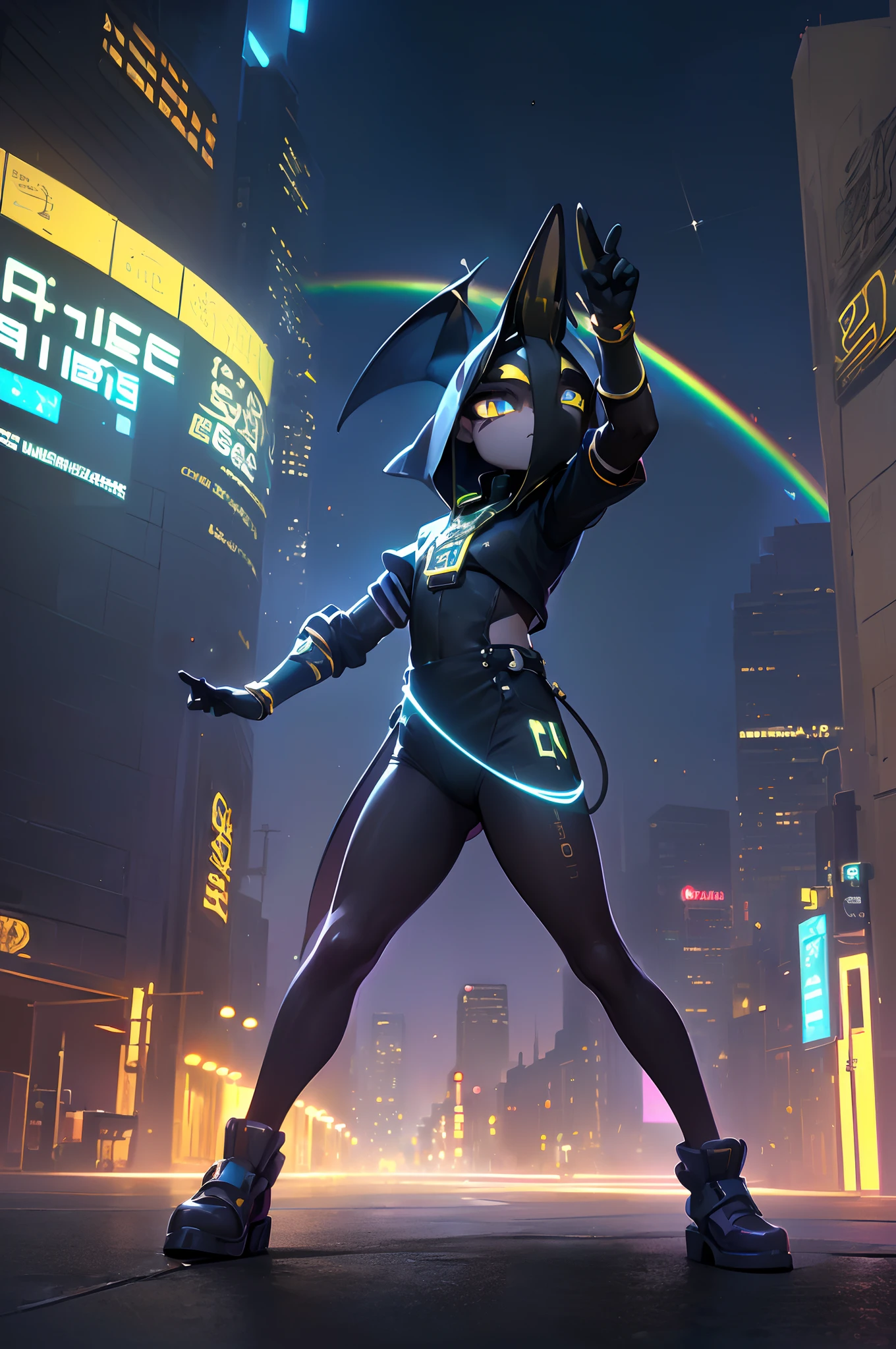 (Dynamic Angle:1.4), ((Full body posing:1.5), (Colorful:1.2), (Highly detailed CG Unity 16K wallpaper:1.1), (Denoising strength: 1.45), (tmasterpiece:1.37), ((Official art)), of the highest quality, (Realistic), Male , (Short-cut hair:1.2),(Anubis Costume:1.5),Black hair,Glowing eyes,(blue eyess:1.2),((Poses in motion:1.4)),((Anubis Costume:1.3)),wires, (LED:1.3), (a hologram:1.2), futuristic city street, Neon light, Skyscrapers, (Night:1.2), (Rainbow Model:1.2), 8K resolution, (Anime style:1.3), Cinematic lighting, chromatic abberation, spark of light, Ray tracing, blending, ultra wide-angle, Hasselblad, (masutepiece), (masutepiece), ((Best Quality)), ((masutepiece)), nffsw