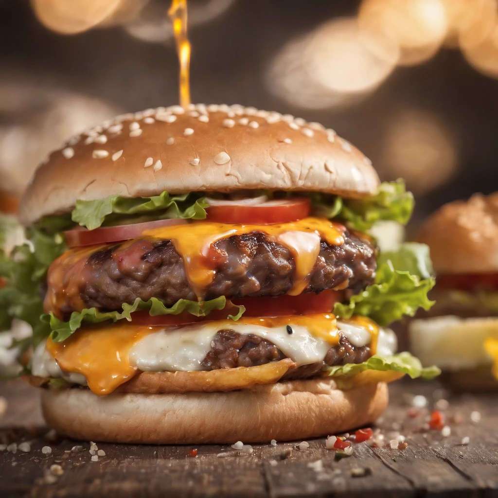 A burger falling in pieces juicy, tasty, hot, promotional photo, intricate details, hdr, cinematic, adobe lightroom, highly detailed