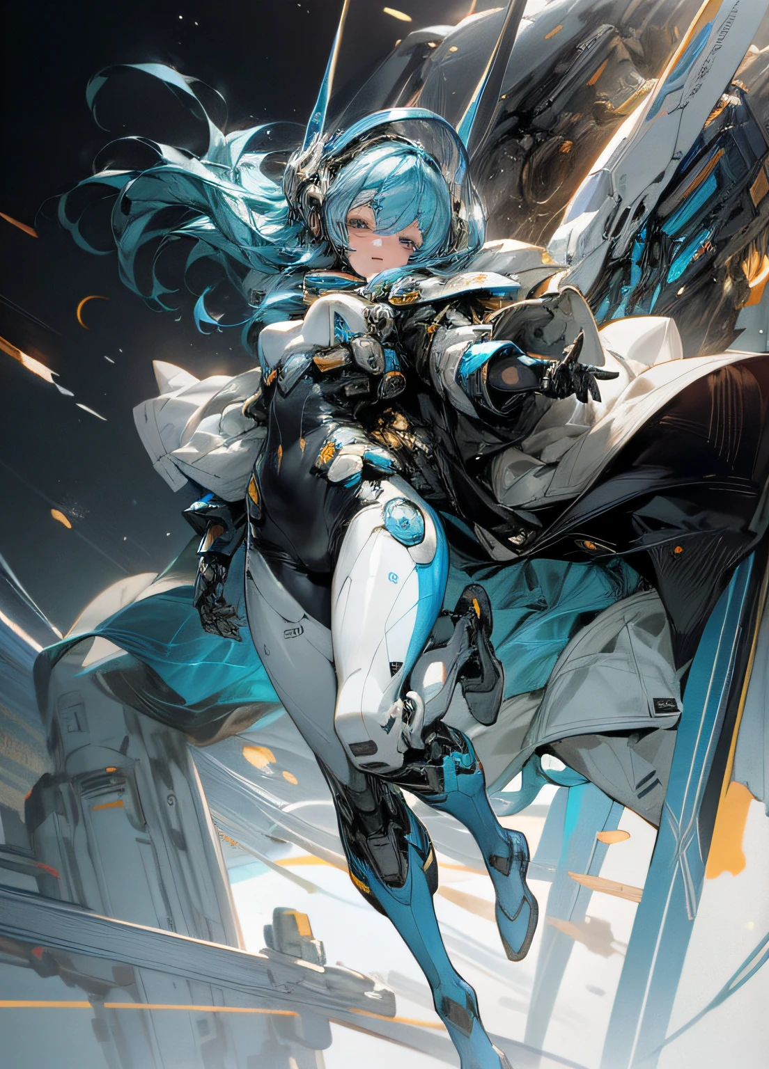 Full body, blue hair, blunt van, masterpiece, top quality, official art, album art, very elaborate CG Unity 8K wallpaper, lone girl, Japan girl, full body, super high resolution, (photorealistic: 1.4), dynamic angle, dynamic pose, mystical power, floating particles, reflection, so cute, sparkling blue color eyes, golden hour lighting, Pilot suit in white and blue and black colors, tight fitting clothes, full-body covering clothes, knee boots, (puffy eyes), viewer looking, front-facing, beauty, medium breasts, shirt lift, metal wire, slim body, arm-length gloves, anime heroine, gentle smile, headset, helmet, detailed robot cockpit, super futuristic space