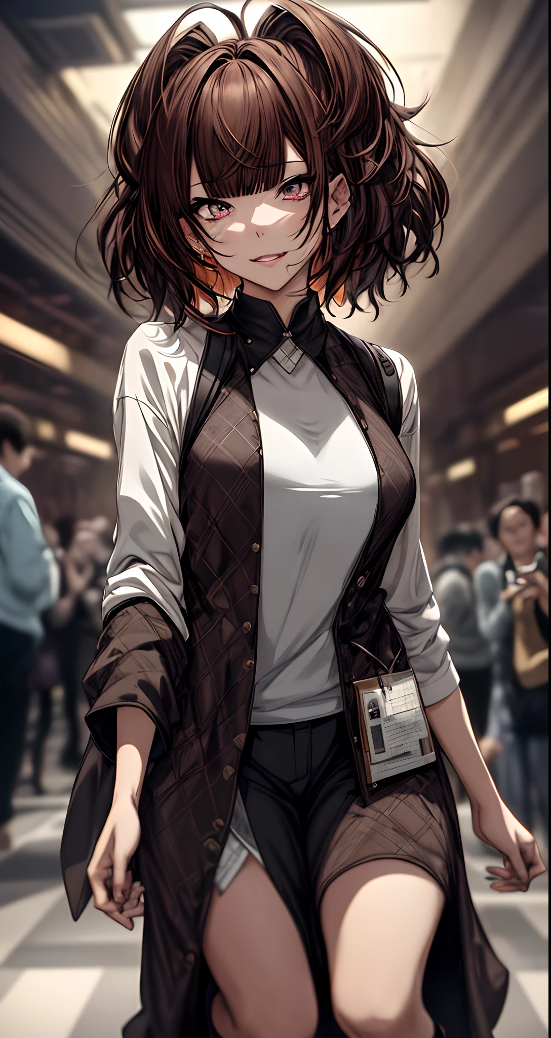 dishevled hair、Hair in motion、、Full body、long、adult lady、Brown hair、Ordinary clothes、Casual clothing、Ahegao ( Silly / Sexual ecstasy)、Cross-eyed、Stranger、View other people、Blunt bangs、 over-kneehighs,Ahegao , Silly,Sexual ecstasy,Drunken eyes,Blunt bangs,,(masutepiece:1.2, Best Quality), (finely detailed beautiful eye: 1.2), (Detailed background,Dark Fantasy), (beautifull detailed face), High contrast, (Best Illumination, extremely delicate and beautiful), ((Cinematic Light)), Colorful, Hyper Detail, Dramatic light, Intricate details,