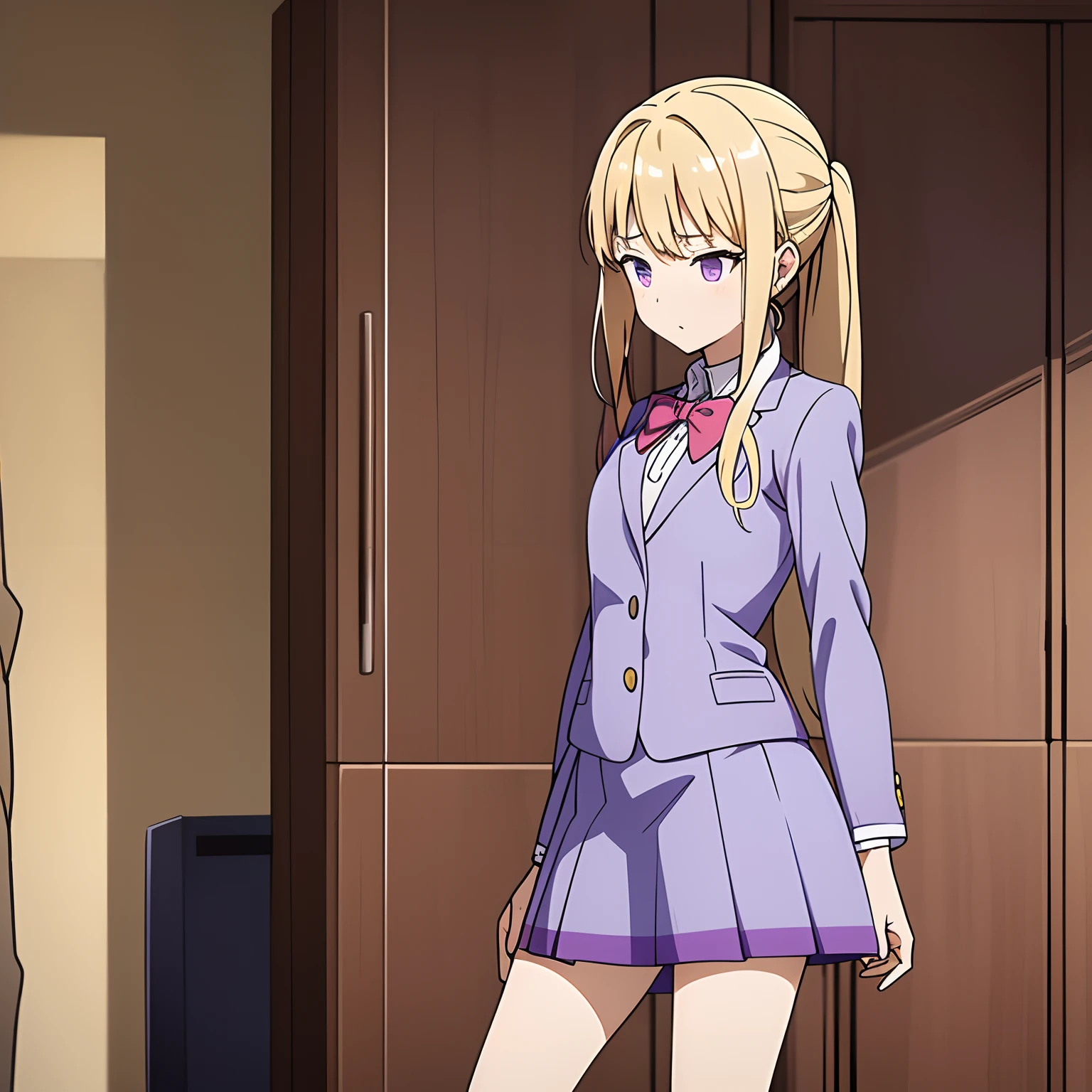 teenage girl of average height with waist-length blonde hair that is tied in a ponytail and purple eyes. Her school uniform consists of a light blue dress shirt below the red school blazer with rolled-up sleeves and a short white skirt.