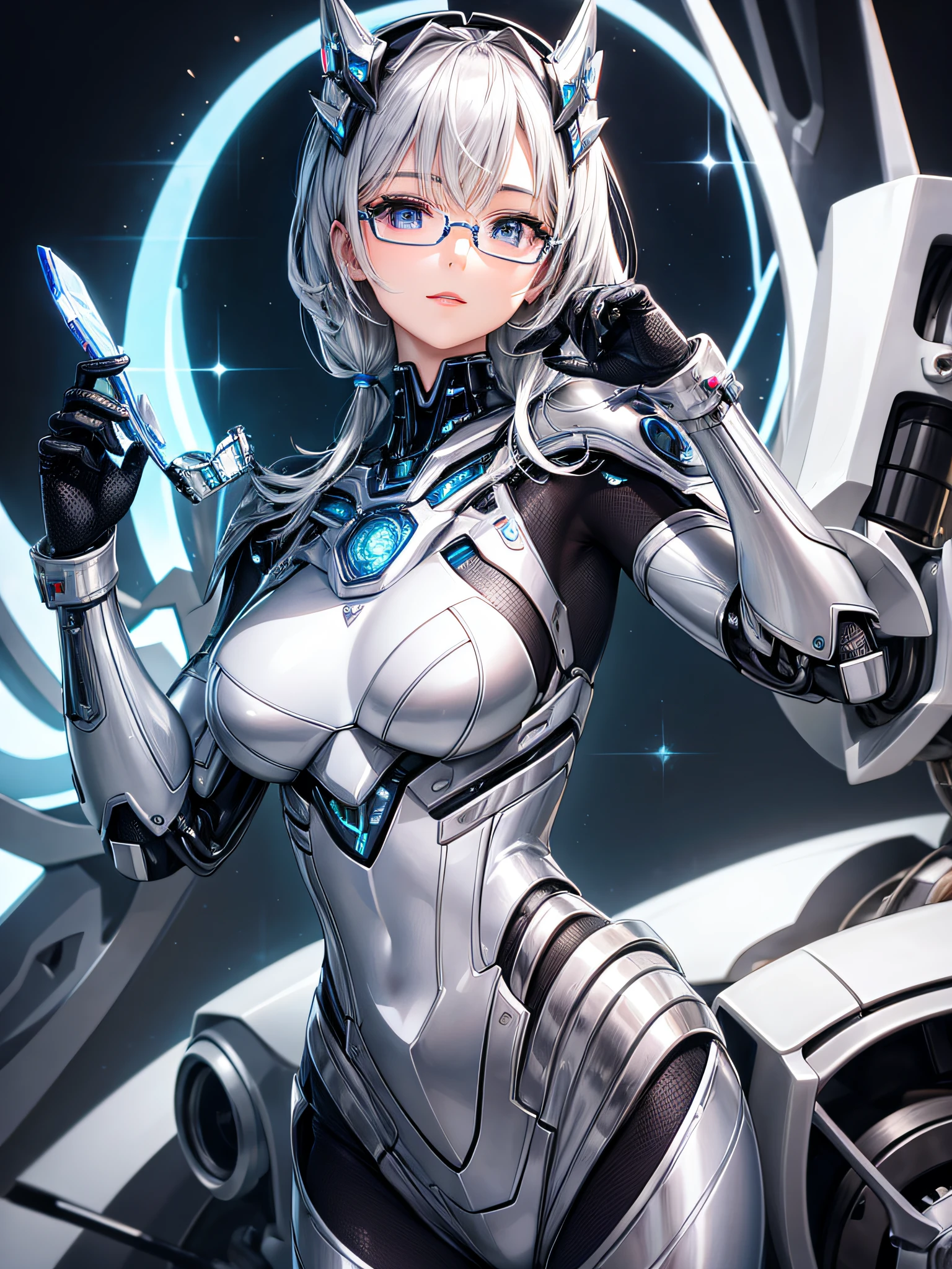 5 8K UHD、Silver metallic body mechanical beauty posing with glasses、Silver metallic robot with hidden skin shiny