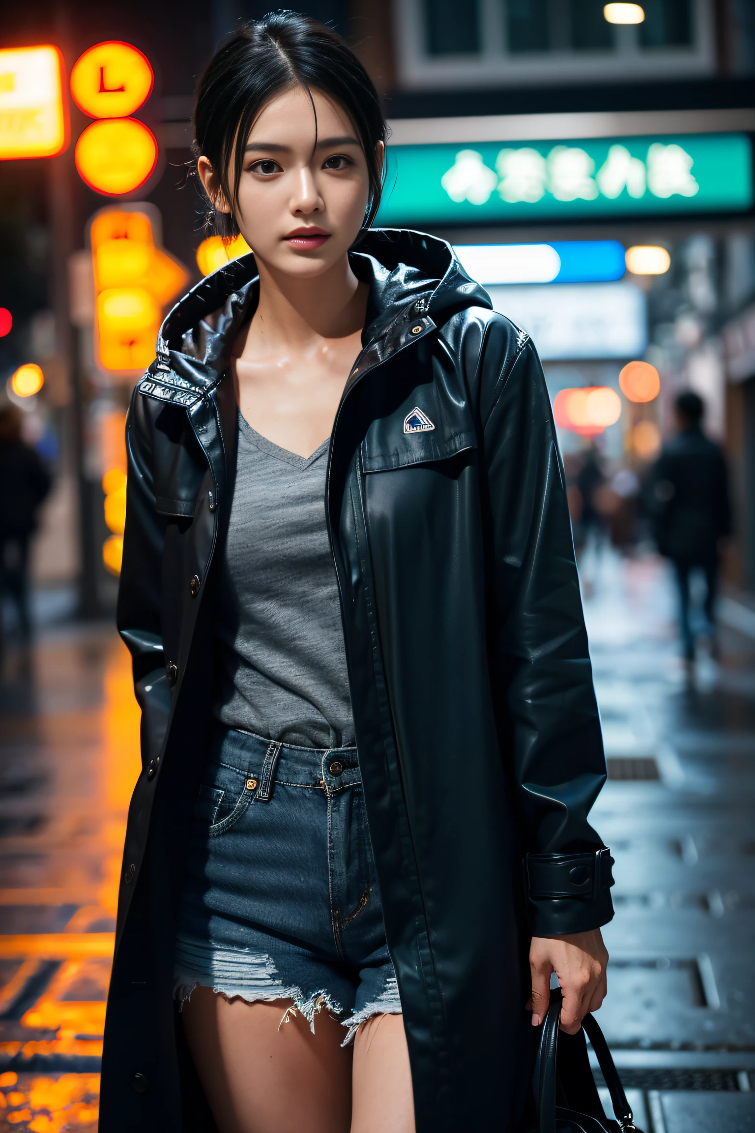 (Best quality, Complex details: 1.2,Realistic:1.2) ,A girl\(24 years old\),[Liu Yifei:0.9],(black raincoat),(blue short hair), ,stand ,,street,(after rain),