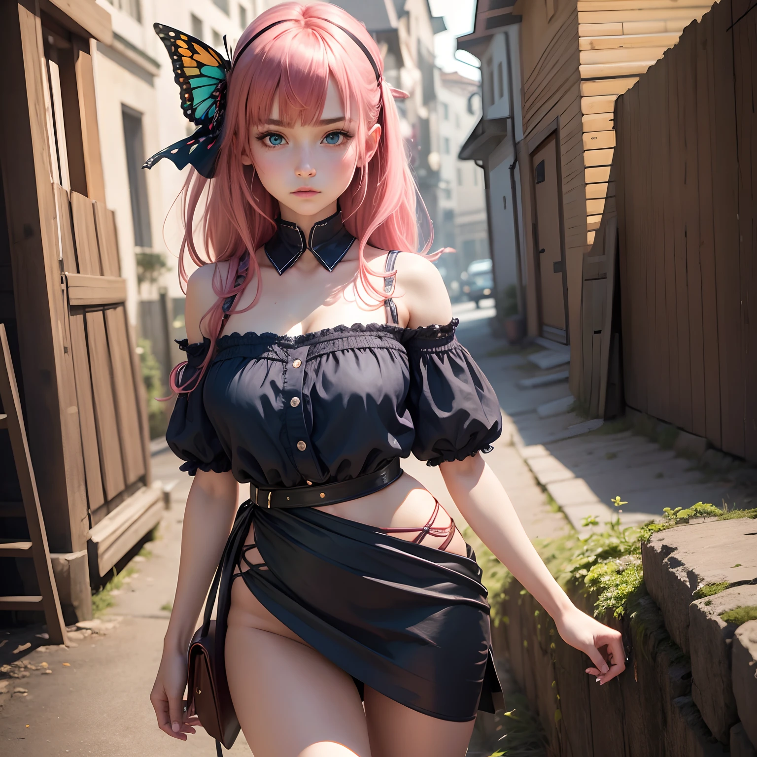 8k, masterpiece, best quality, realistic, higly detailed, cowboy shot, 1girl, solo, Nino, cute, cold-looking girl, waist-length straight hair, square bangs hanging over eyebrows, reddish-pink hair, twin butterfly-shaped ribbons on both sides of head, dark blue eyes, average height, well-endowed figure, large breasts, fashionable girl, various cute accessories, takes care of nails, Soccer Player