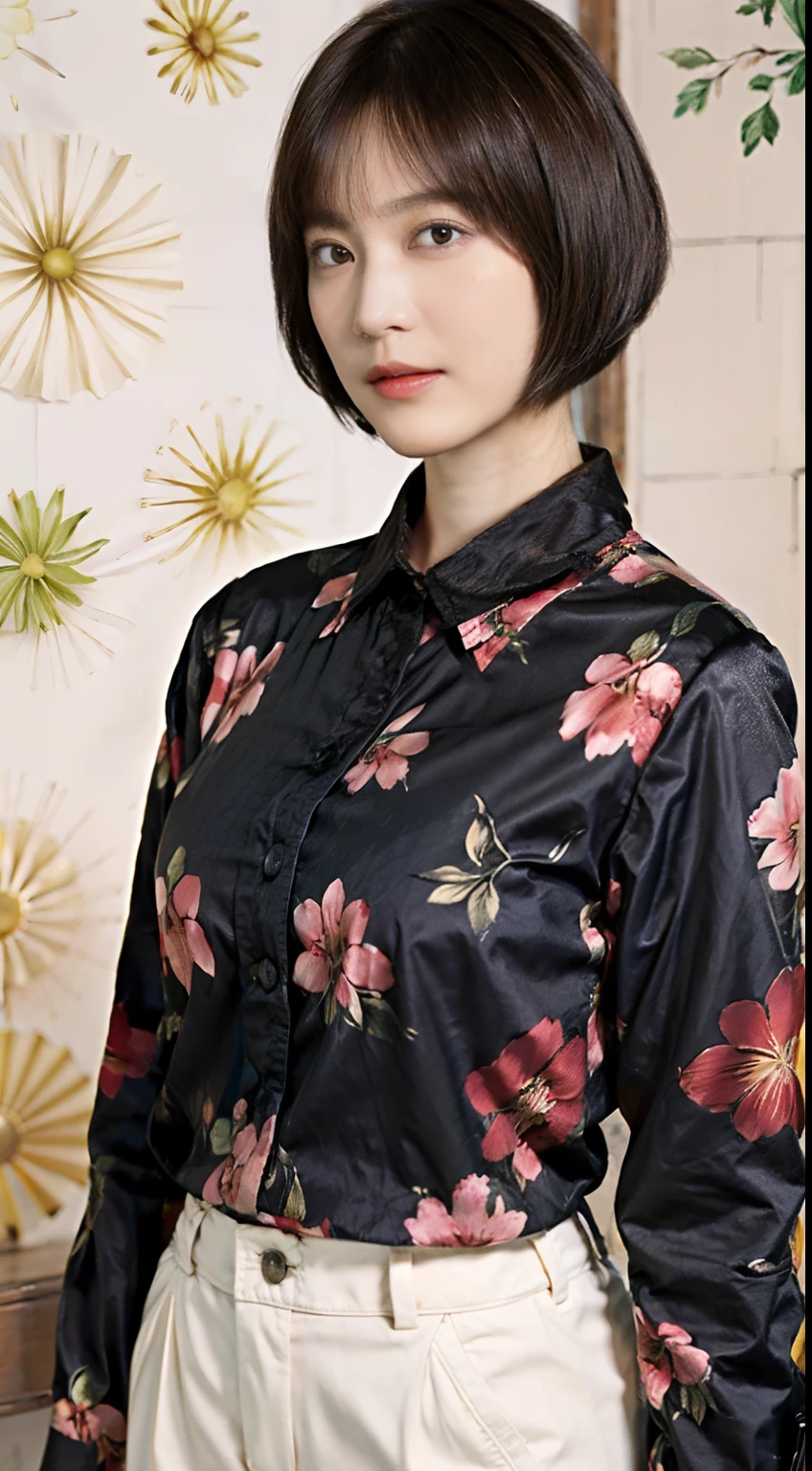 32
(Shorthair:1.23), (a 20 yo woman), (A hyper-realistic), (Masterpiece), (8KUHD), Long sleeve shirt with floral pattern, breeches, (breast:1.23), serene expressions