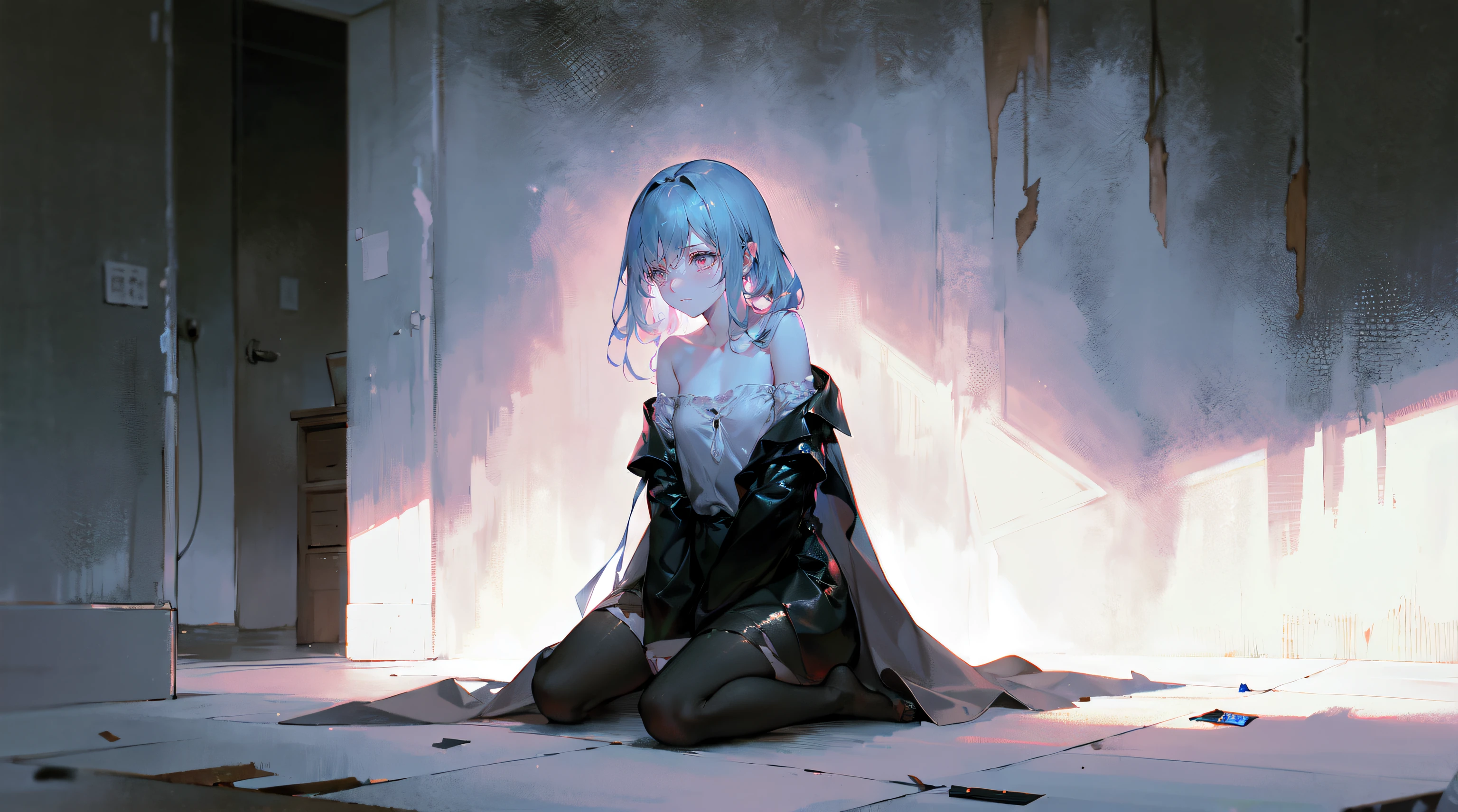 a girl sitting alone in a dimly lit room, tears streaming down her face, deep sadness in her eyes, melancholic expression, her body curled up, surrounded by darkness, her hands covering her ears to block out the noise, the room cluttered and messy, with discarded books and empty coffee mugs, the walls covered in abstract drawings portraying despair and loneliness, the only source of light coming from a cracked window, casting long shadows on the floor, the color palette muted and desaturated, conveying a sense of hopelessness and despair, the atmosphere heavy with silence and an overwhelming sense of sadness, as if the weight of the world is on her shoulders. (best quality, highres), realistic lighting, somber color tones, emotional, somber artwork