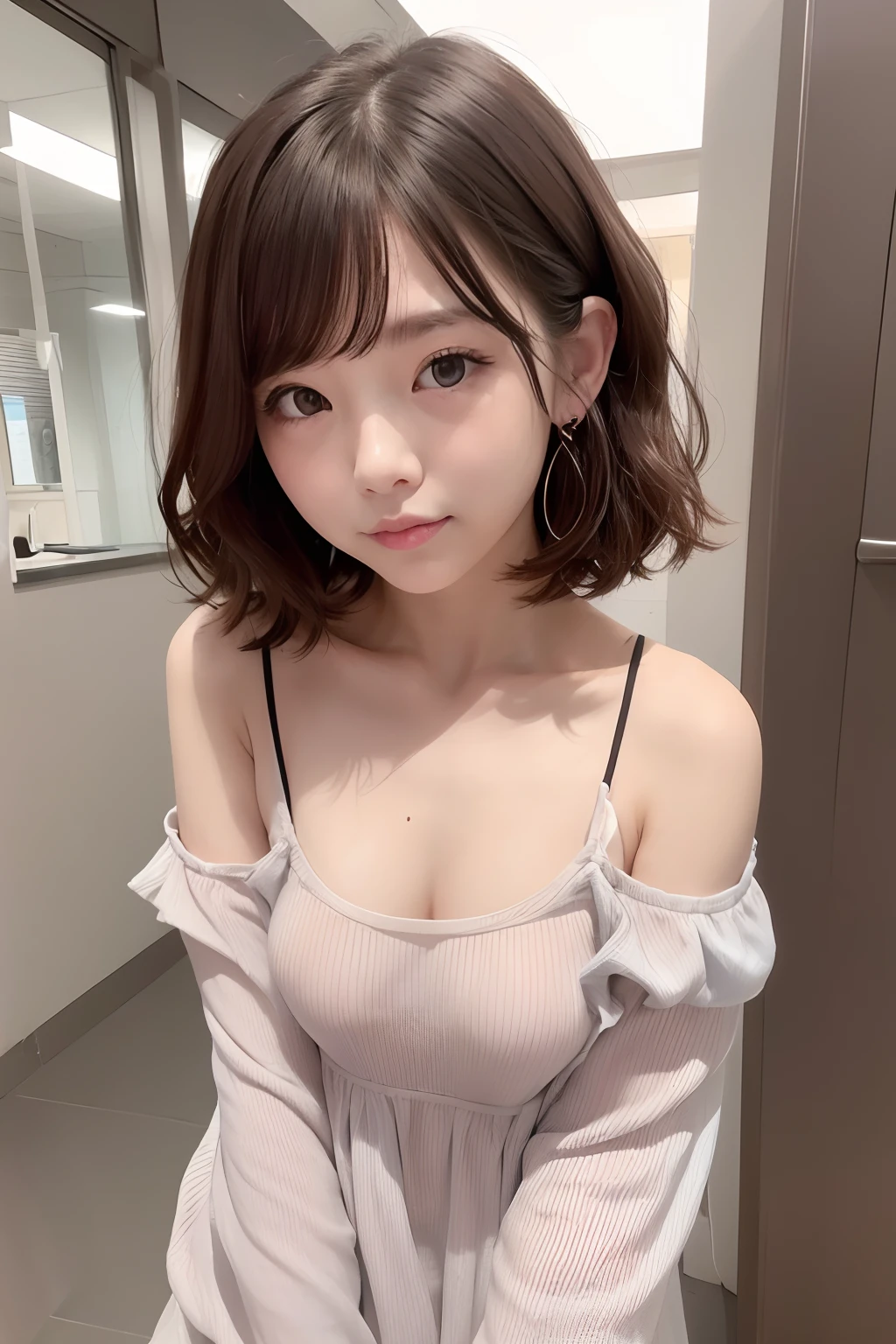 cute face、(((Very small breasts)))、(((Keep previous face)))、Wavy medium shorthair、Off shoulder dress