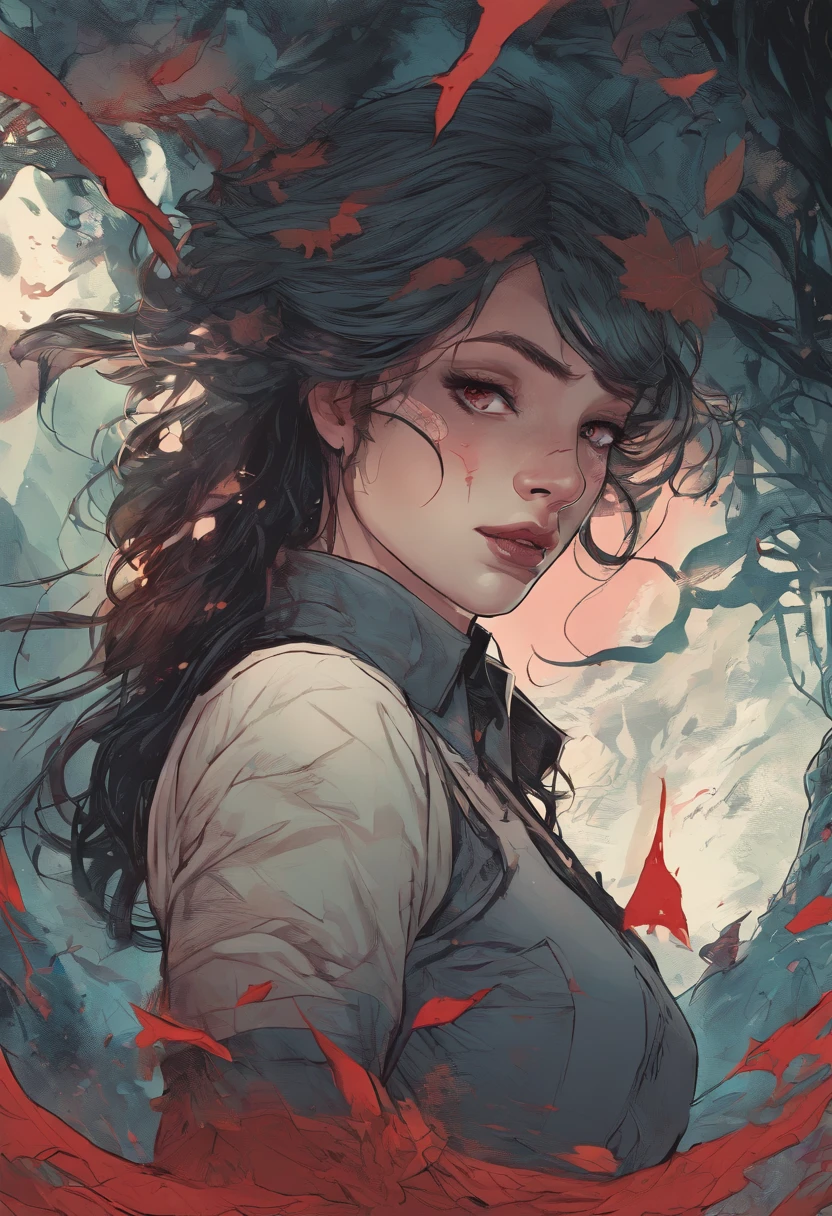 (highres:1.2, ultra-detailed, sharp focus), dark-haired girl with intricate features, horror style, scythe, blood, uniform, loose flowing hair, eerie atmosphere, haunted background, glowing eyes, pale skin, intense expression, gothic lighting, misty surroundings, surreal elements