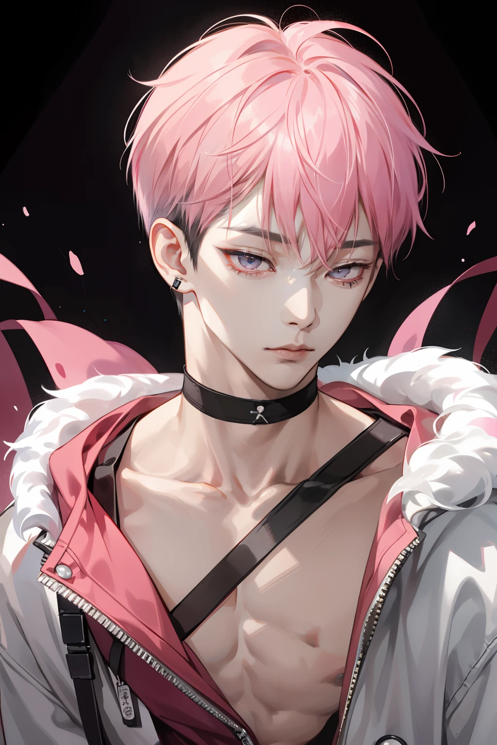 1 Asian Boy, , with long pink bangs and narrow drooping eyes of black color,,,,,,,、Lots of piercings、Soft eyes、Sleepy boy、Heavy eyelids、Kuroko under the right eye、Dazzling boy、drooing eyes、drooing eyes、forehead