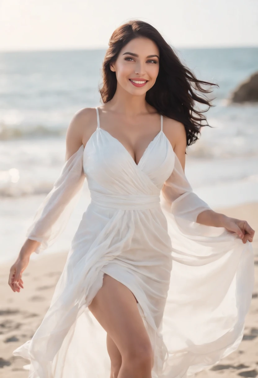 Big woman on the beach, Sexy Pose, Perfect sexy body, black hair, hard disk, perfect smile, white dress, ultrarealstic
