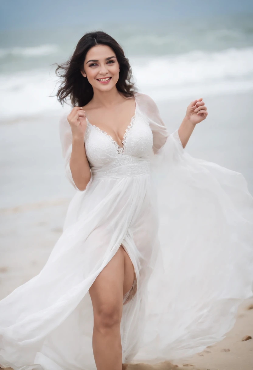 Big woman on the beach, Sexy Pose, Perfect sexy body, black hair, hard disk, perfect smile, white dress, ultrarealstic