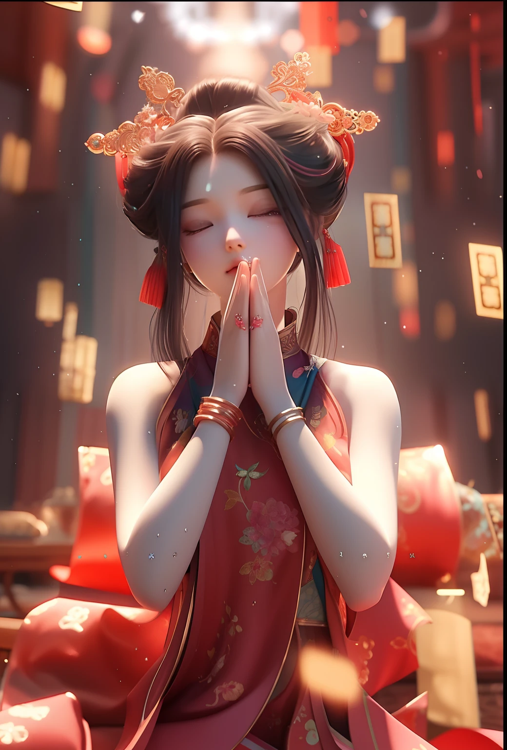 Anime girl in teal and white dress praying in a room with oriental decorations, trending on cgstation, Guviz-style artwork, Guviz, trending at cgstation, guweiz masterpiece, 🌺 CGSesociety, Palace , A girl in Hanfu, Anime style. 8K, Beautiful digital artwork, Rosla global lighting, anime styled 3d