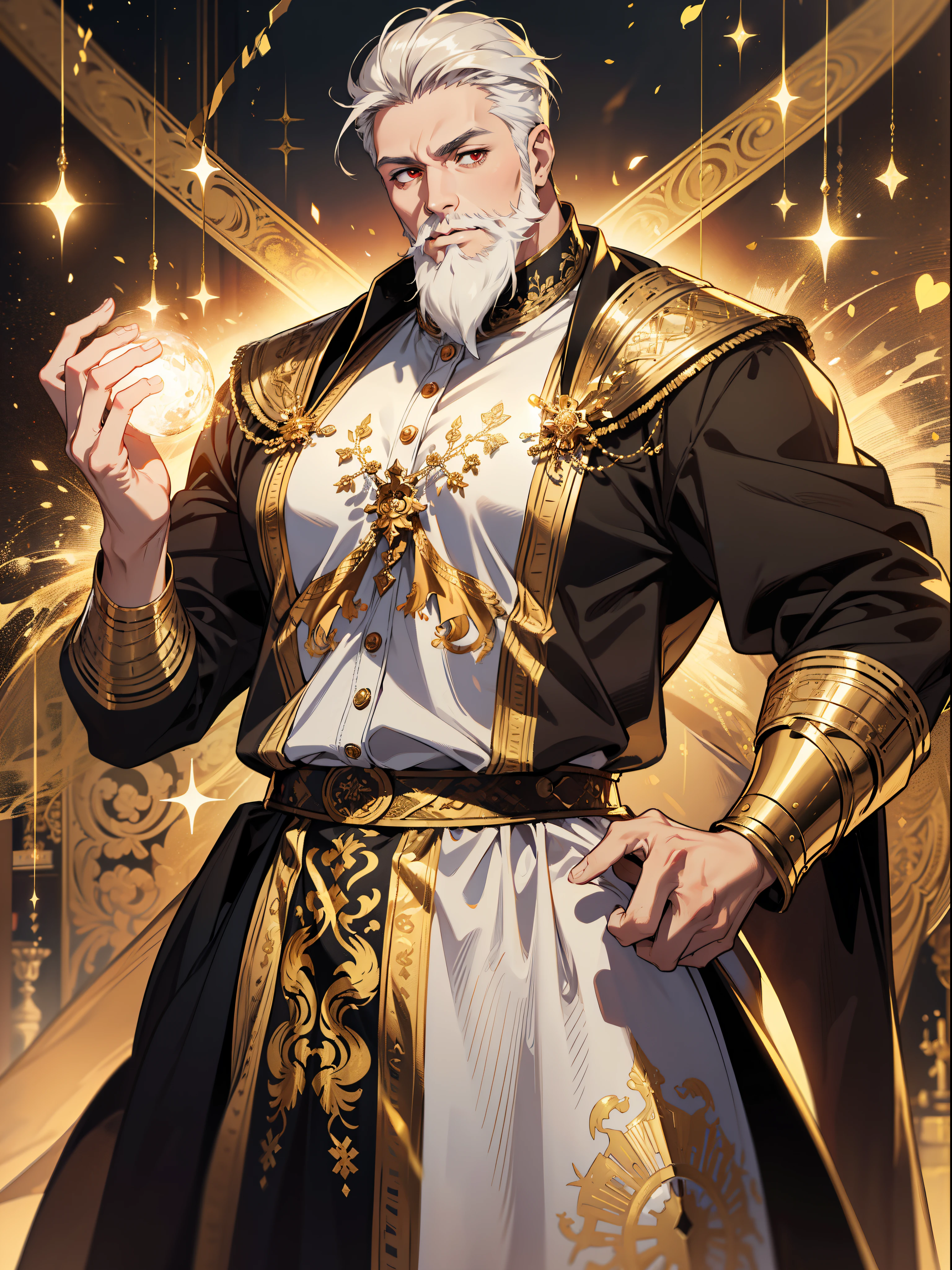(absurderes,A high resolution),16k,slightly fat big breasts,large tall,1 man,Elderly,short beard,White short hair,red eyes, Gold armored barrel,Intricate attire,Ancient dress,(Open-mouthed:1.5),Golden light,magia,magic,Surrounded by golden streamers
