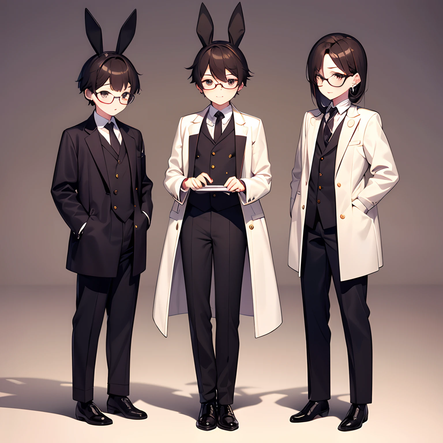 10 　Male child　twinkark-haired　shorth hair　eye glass　　A dark-haired　eye glass　piercings　coat　Japan school uniform　Wearing clothes　Long pants　　cute  face　Both have rabbit ears　Short boots　1 persons　Full body illustration