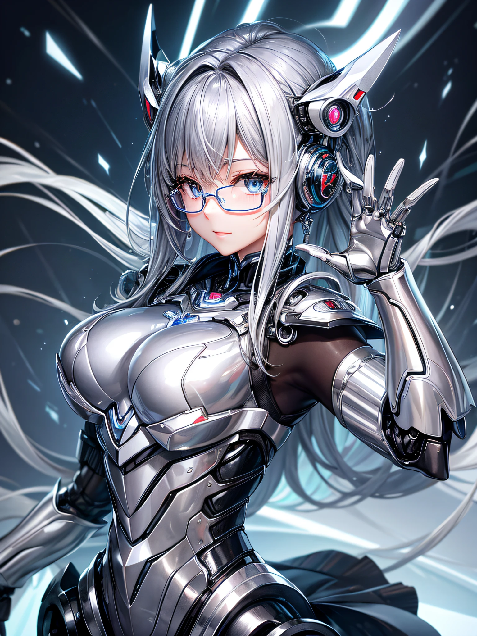 5 8K UHD、Silver metallic body mechanical beauty posing with glasses、Silver metallic robot with hidden skin shiny