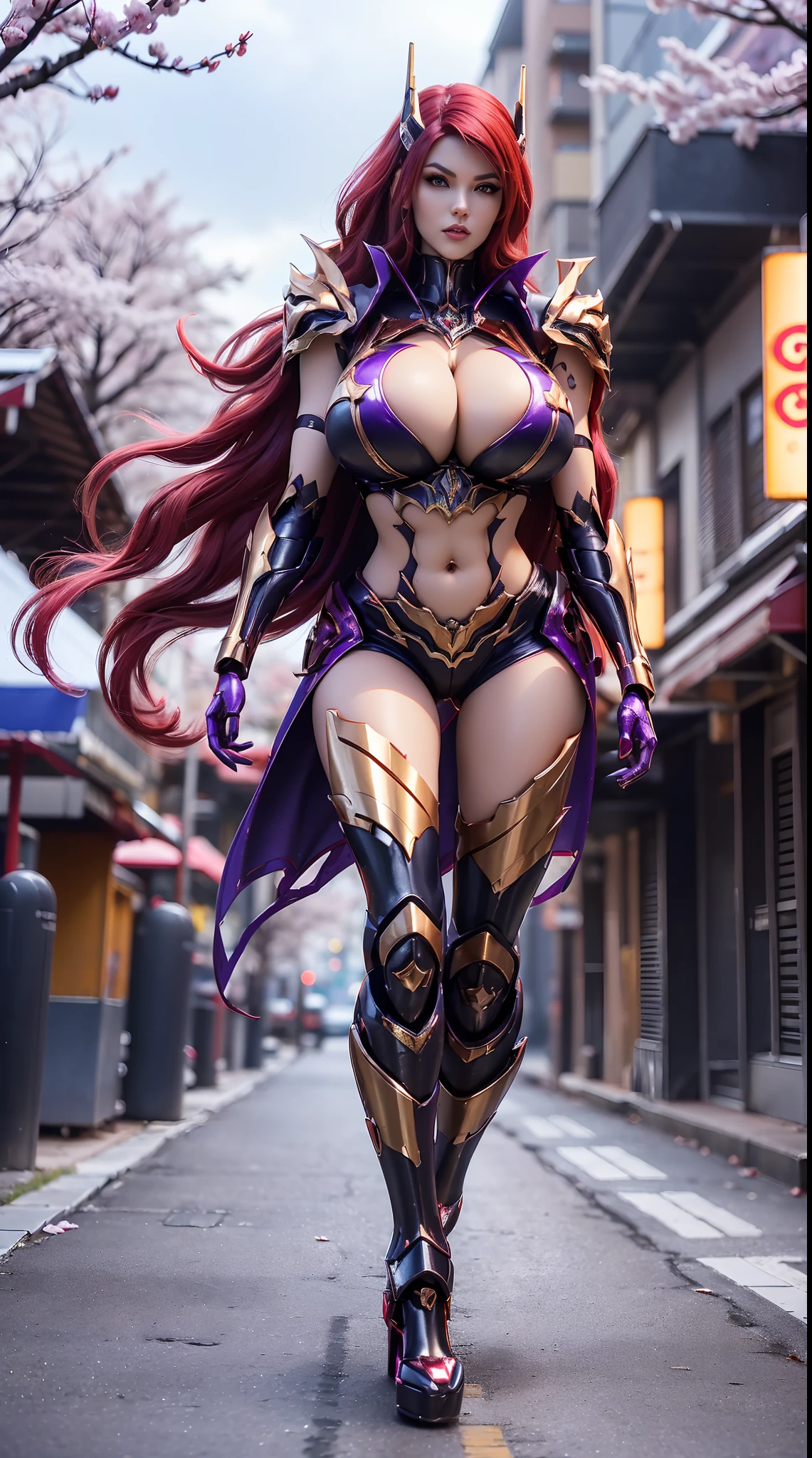 1GIRL, SOLO, (ssmile, makeup, beautifull eyes, red libs, red hair, gold dragon helm), (HUGE FAKE BOOBS:1.5), (GUARD ARM, GLOVES), (black, purple, GIRL IN MECHA CYBER ARMOR CROP TOP, ROYAL CAPE, CLEAVAGE, SKINTIGHT HOTPANTS, HIGH HEELS:1.5), (SLENDER BODY, SEXY LONG LEGS, FULL BODY:1.5), (MUSCLE ABS:1.2), (LOOKING AT VIEWER:1), (WALKING DOWN ON STREET NIGHT CHERRY TREES:1.3), PHYSICALLY-BASED RENDERING, ULTRA HIGHT DEFINITION, 8K, 1080P.